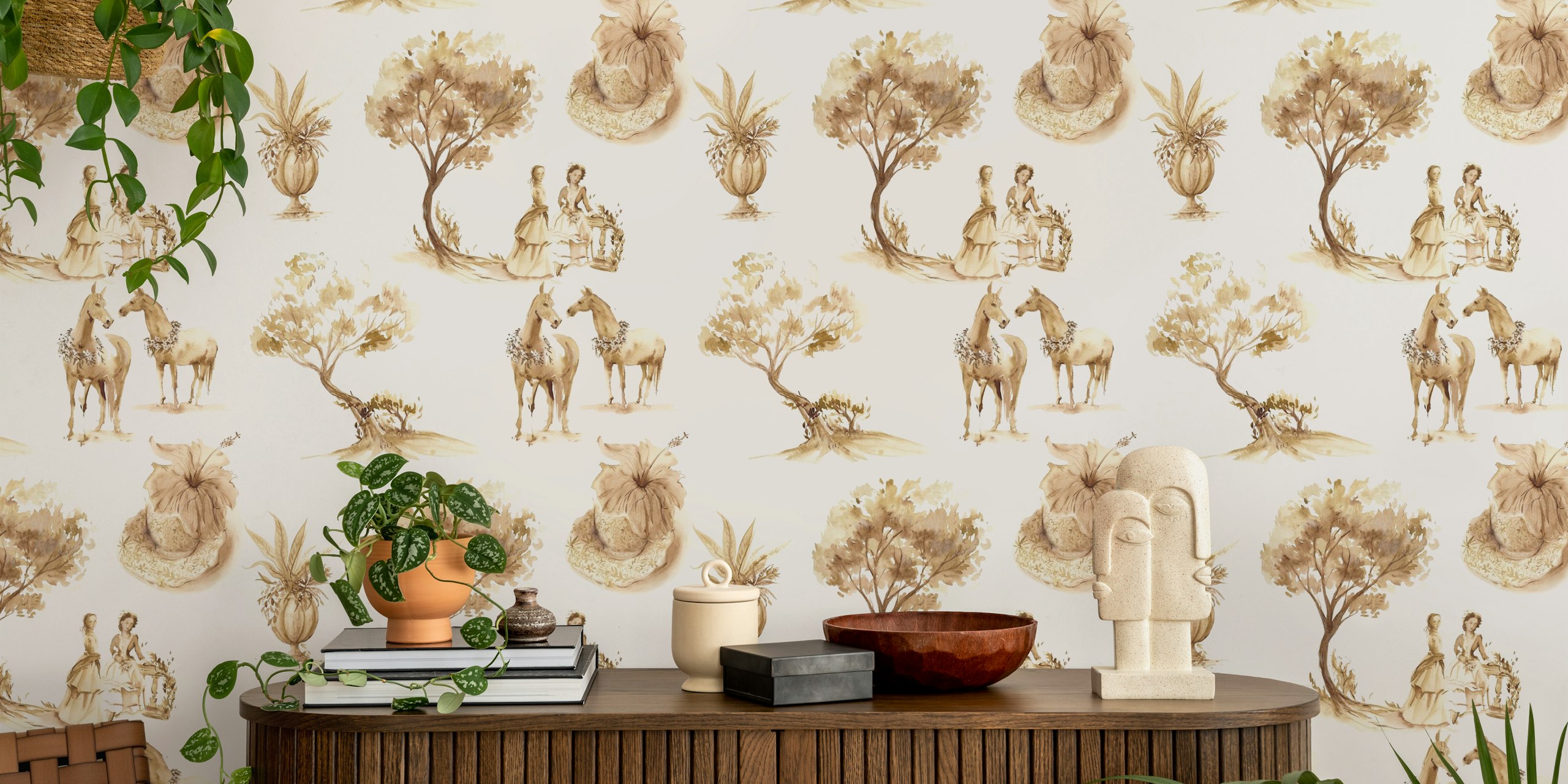Elegant Pastoral Toile in Sepia wallpaper design