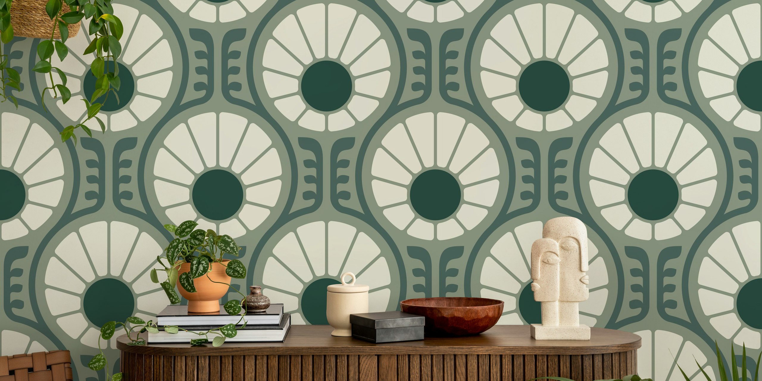 Retro Daisy Delight in Smoky Green tapet i ett rum