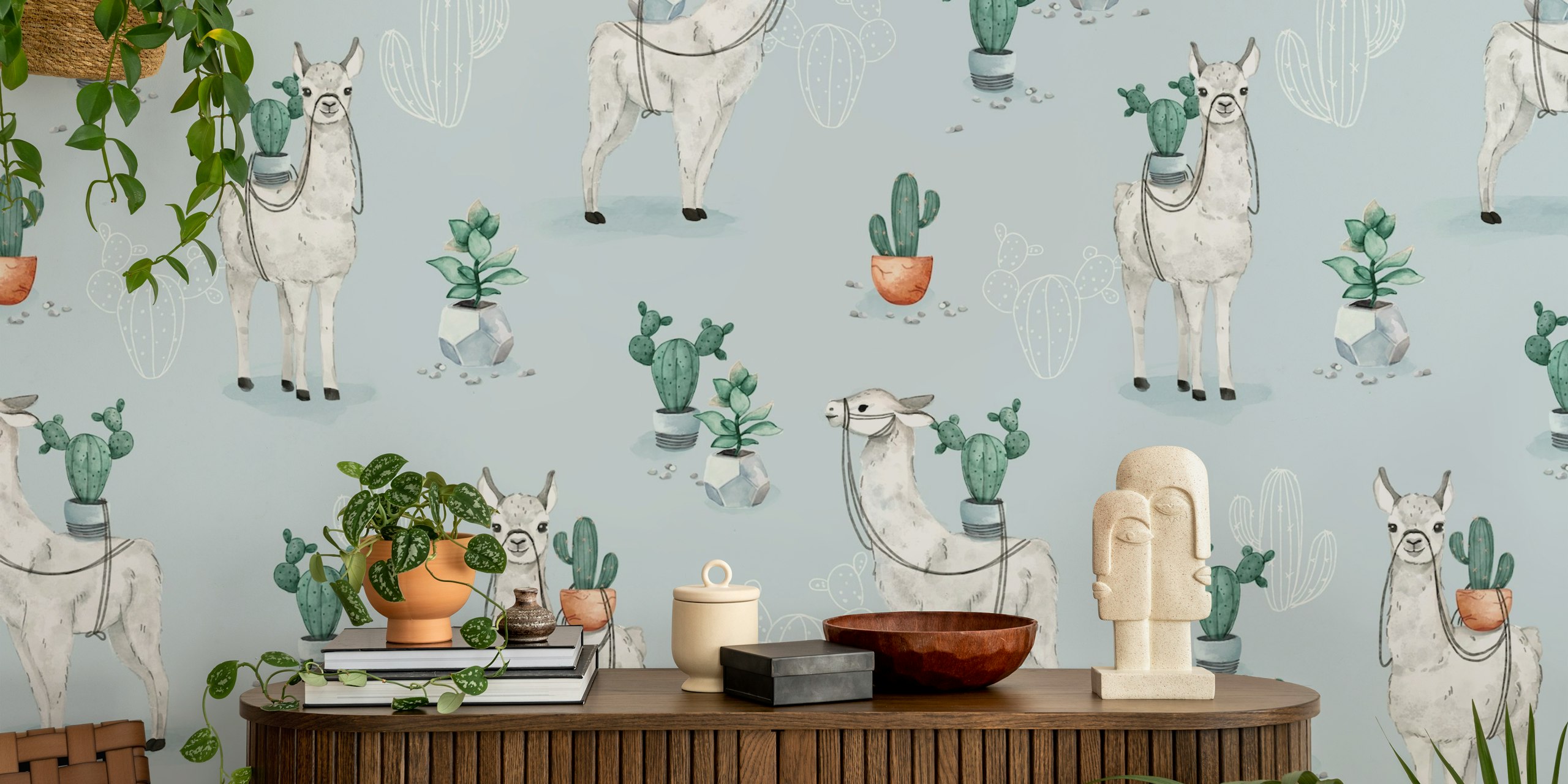 Cactus llama wallpaper in a room