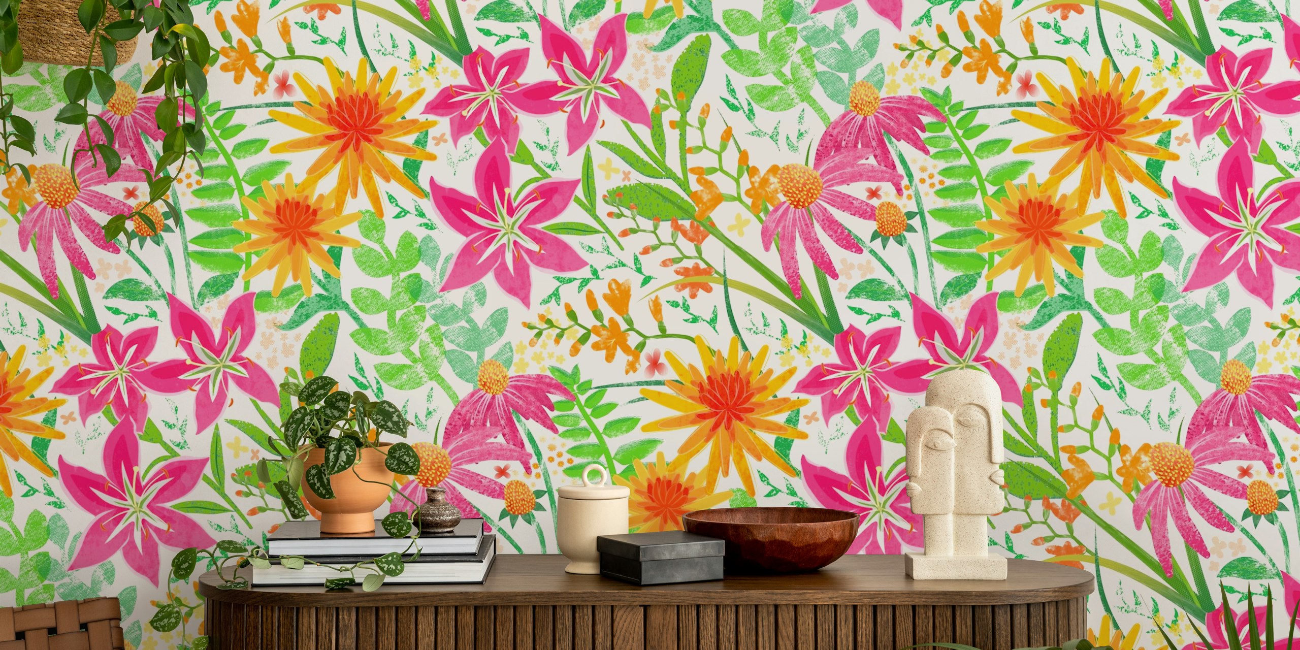 Hot Summer bold floral design de papel de parede em um quarto