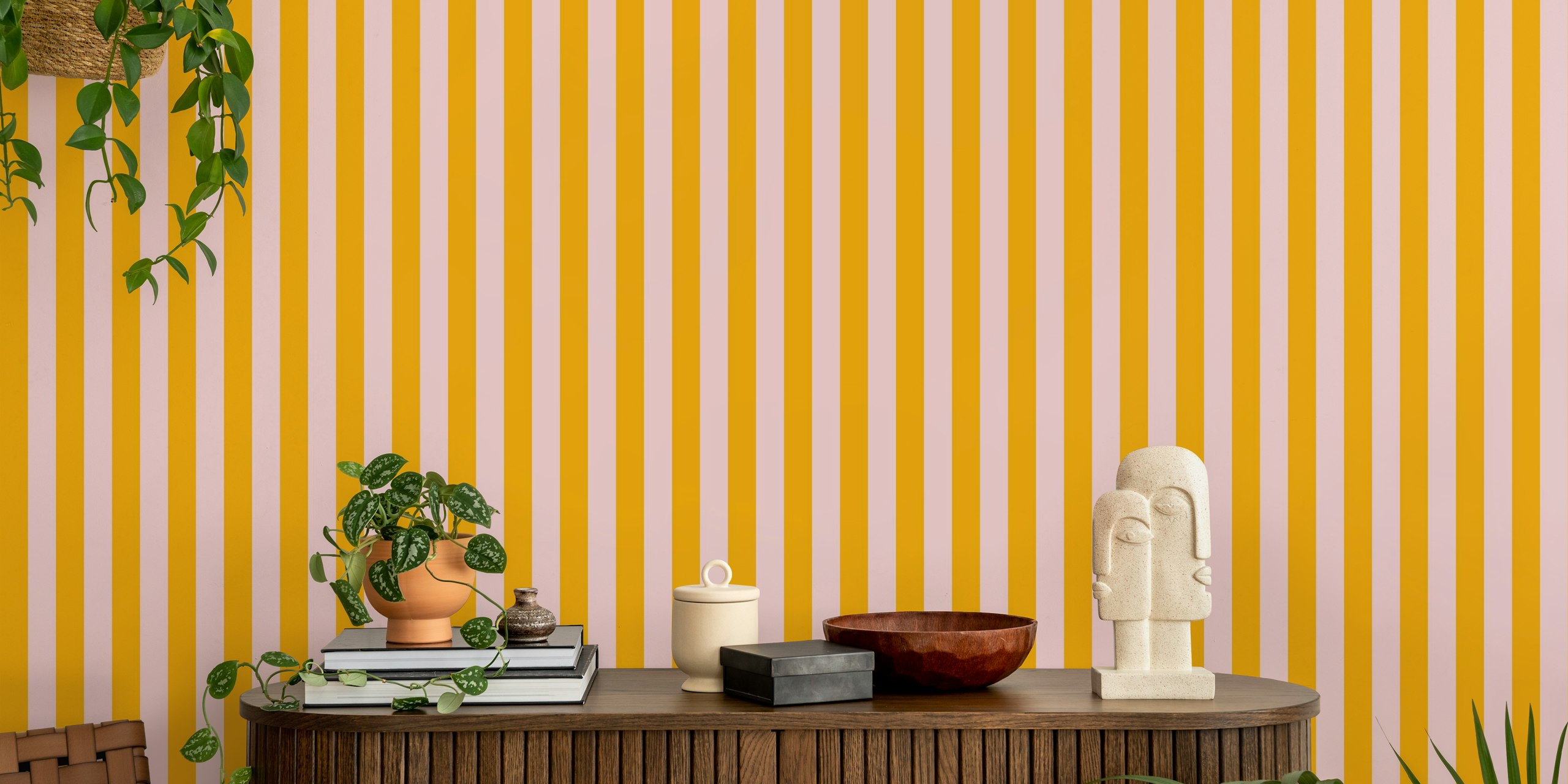 Pink and yellow stripes wallpaper in a room