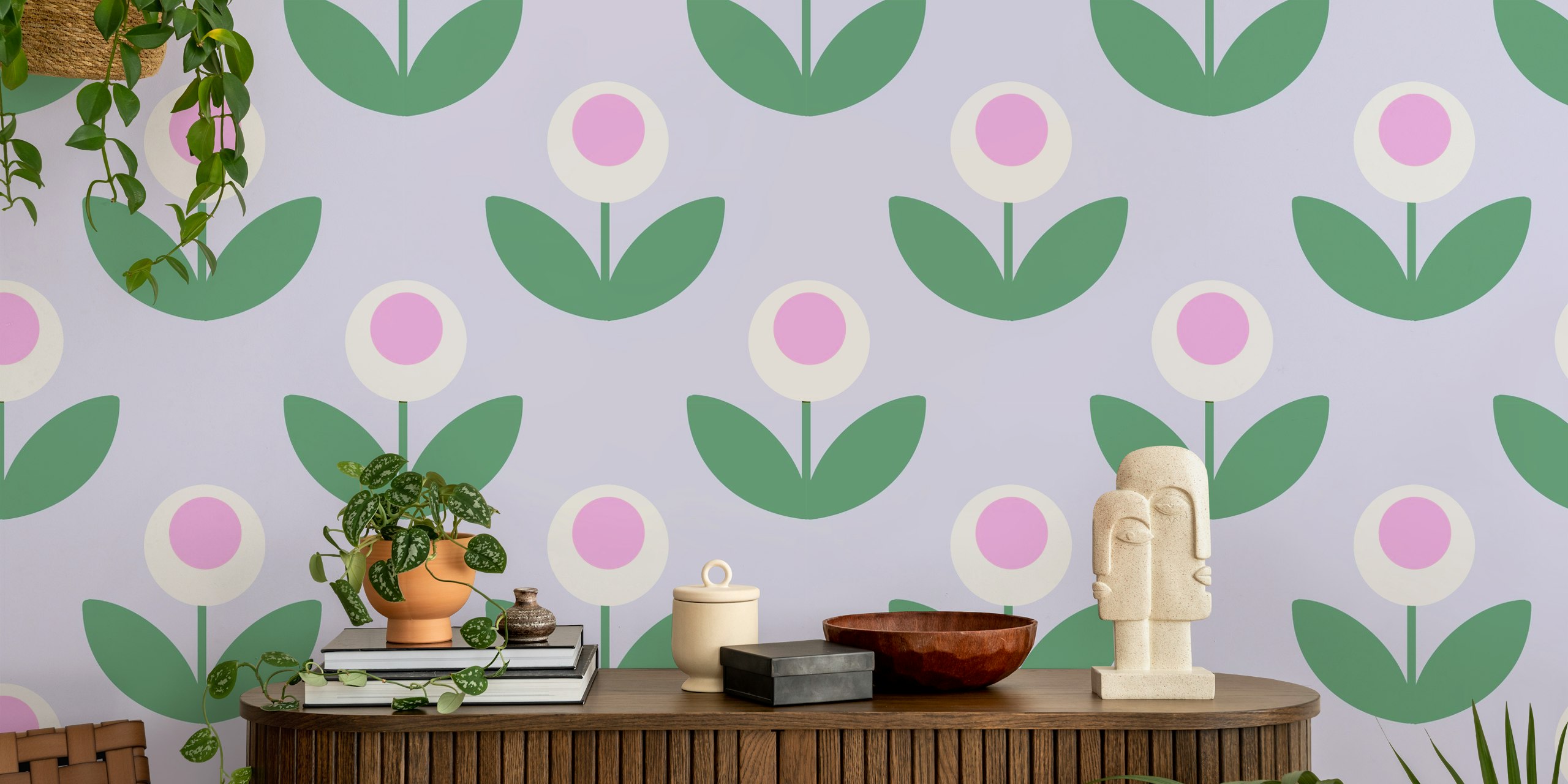Purple floral wallpaper with circular white flowers and green leaves in a playful design