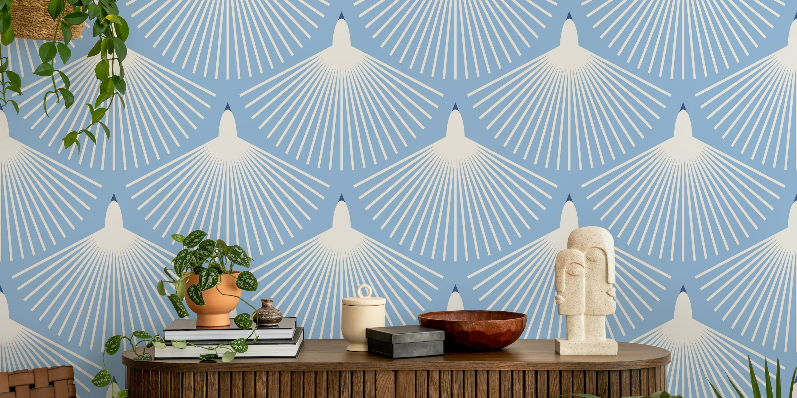 Blue abstract fan pattern wallpaper with white rays
