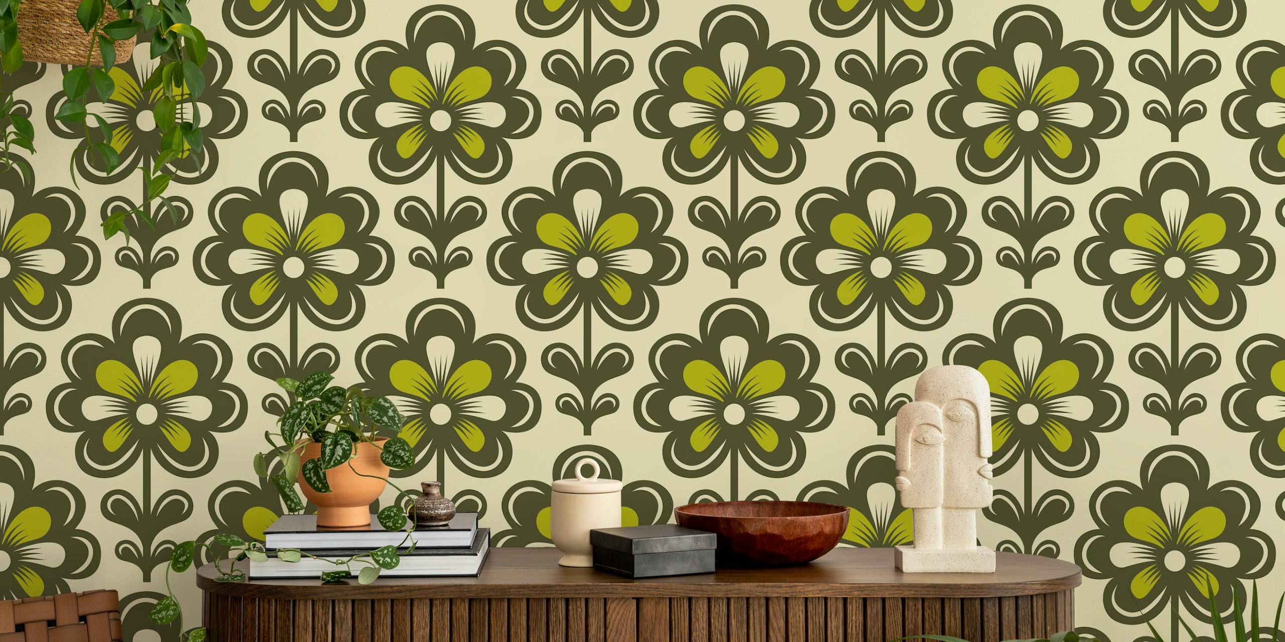 Green Retro Daisies Blossoms tapet i et rom