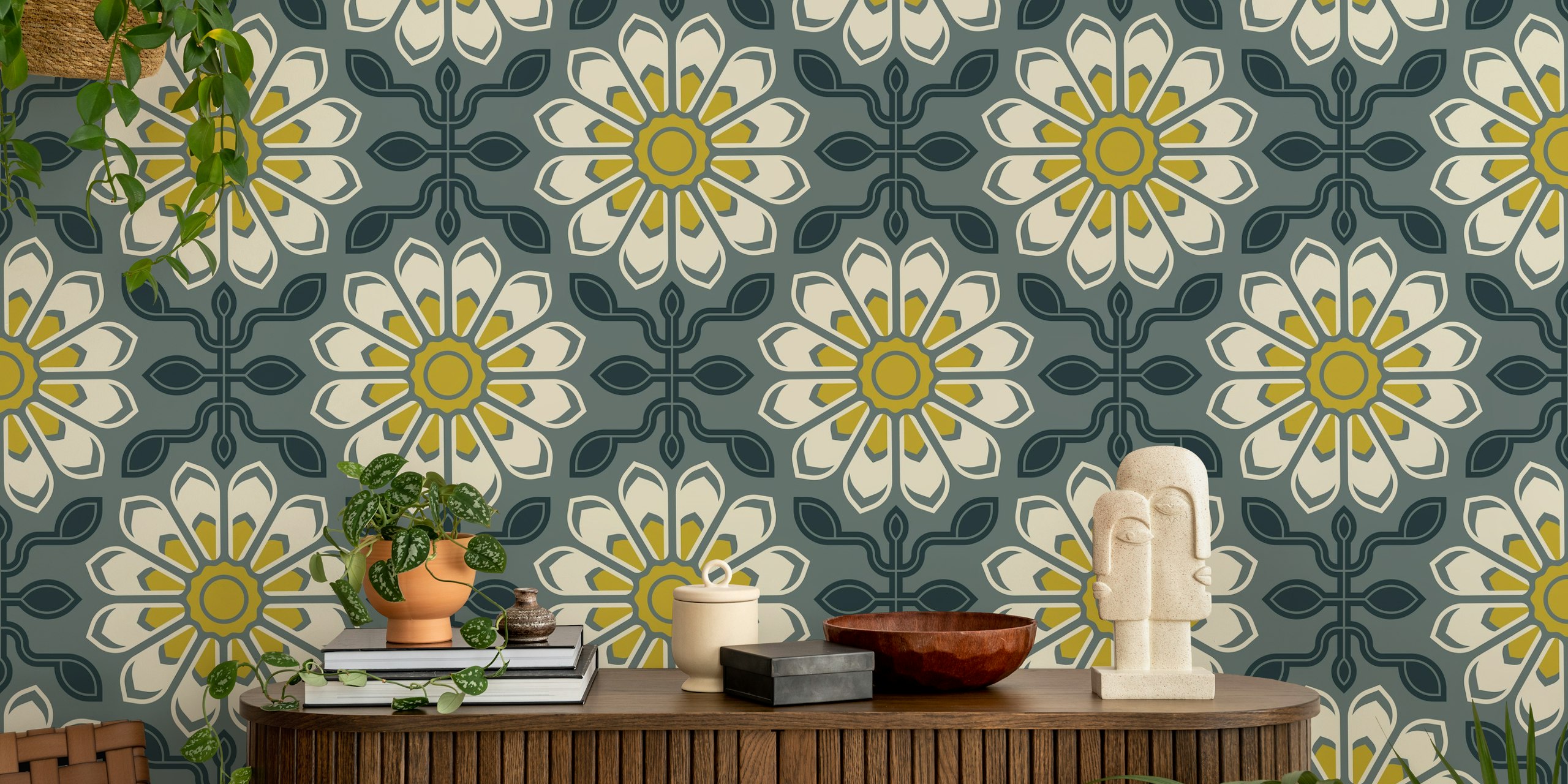 Floral pattern in green and yellow on dark background wallpaper