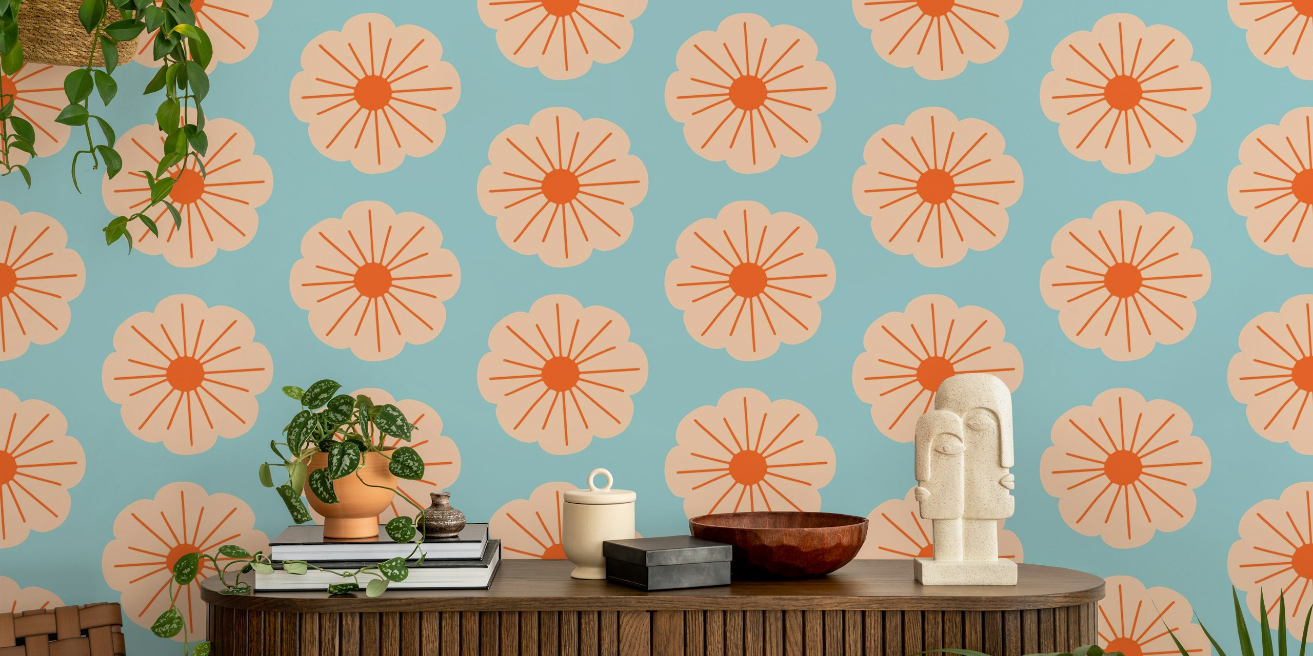 Tapeta Retro Bold Flower Blue Mid Century v pokoji