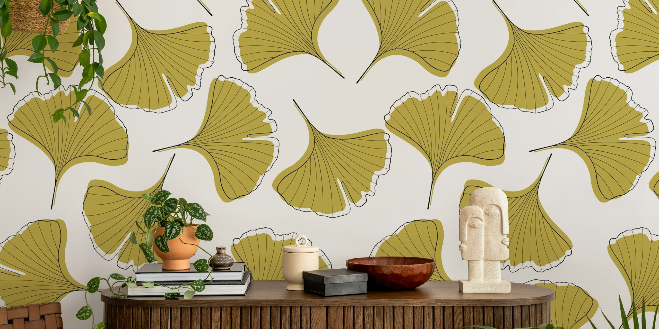 Ginkgo biloba leaves in green on a white background wallpaper