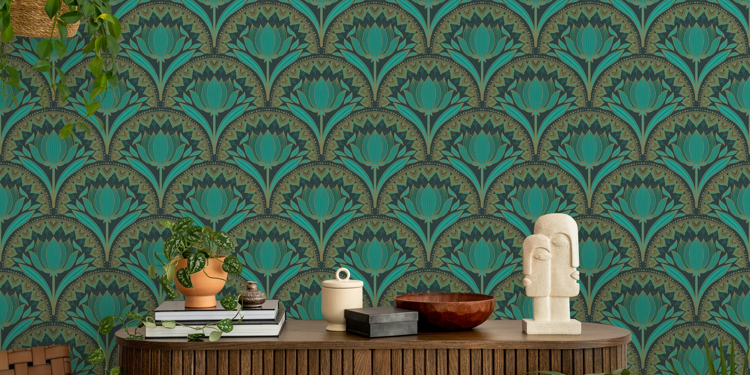 Ταπετσαρία Art Deco Teal Bloom σε ένα δωμάτιο