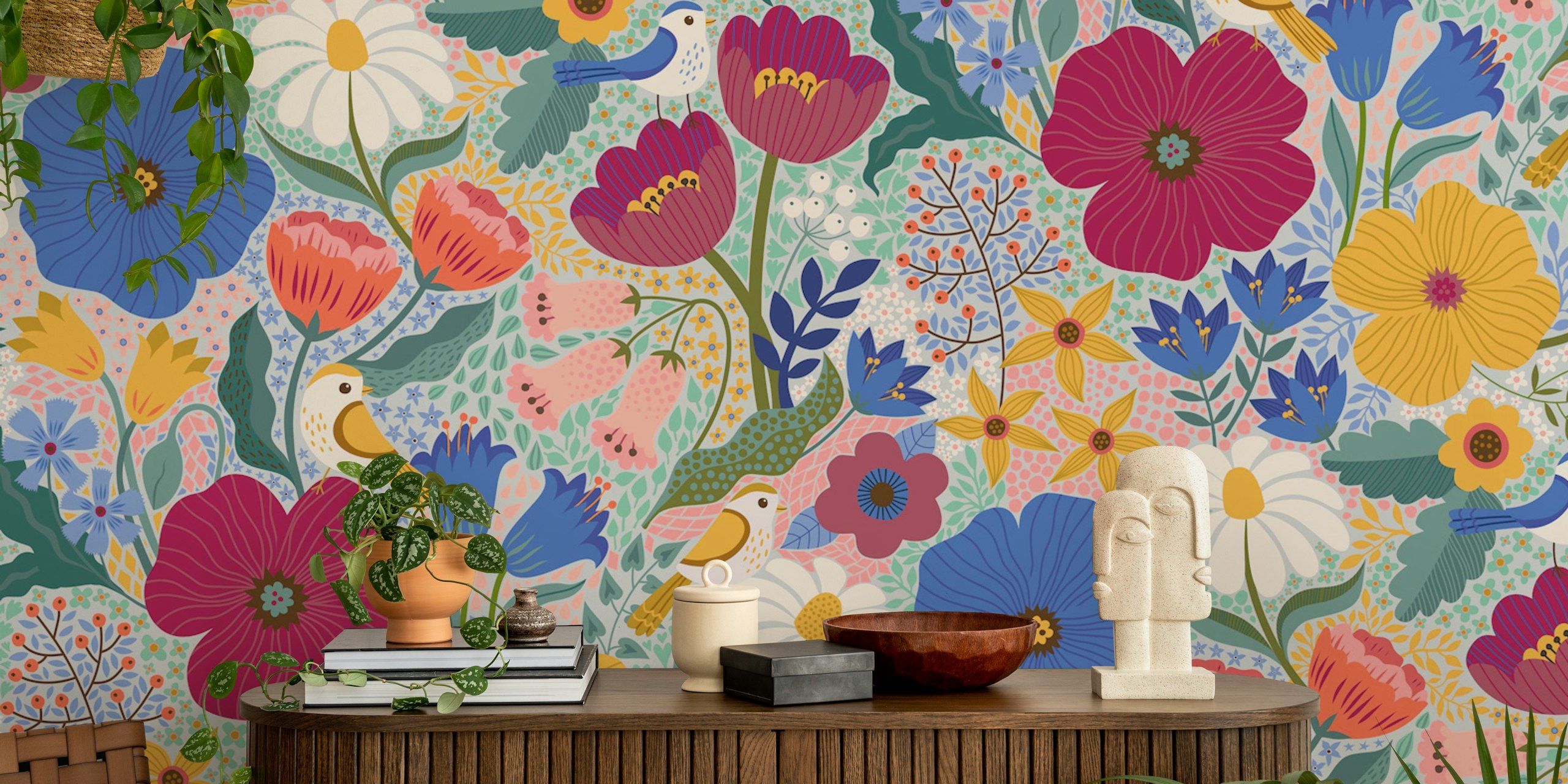 Bloemenbehang ontwerp met vogels in blauw en pruim