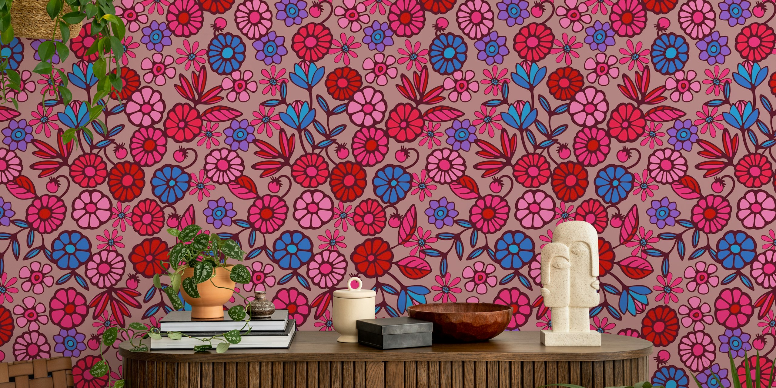 Colorful retro floral pattern with pink, blue, and red flowers wallpaper