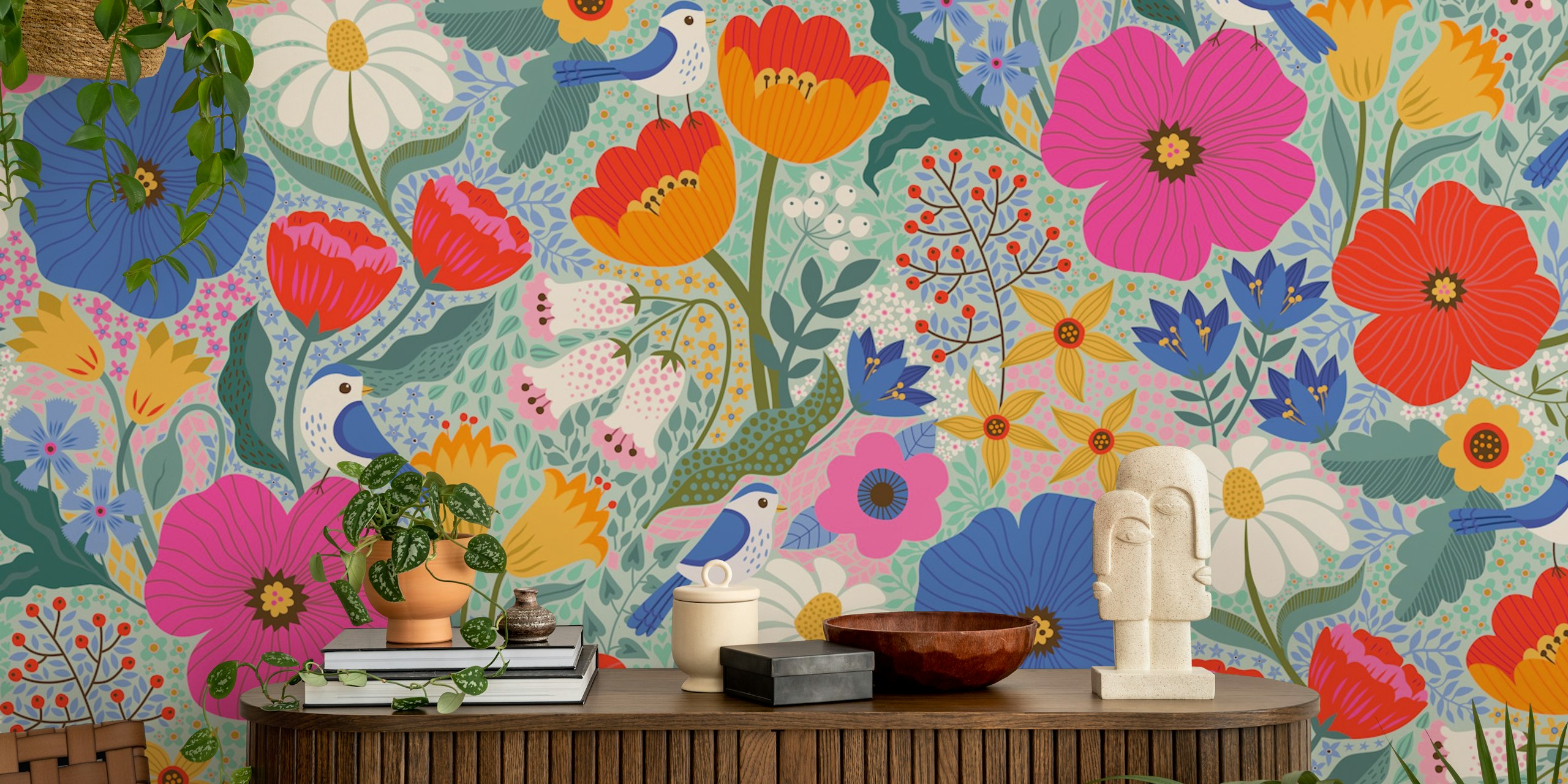 Floral wallpaper with birds in a colorful design
