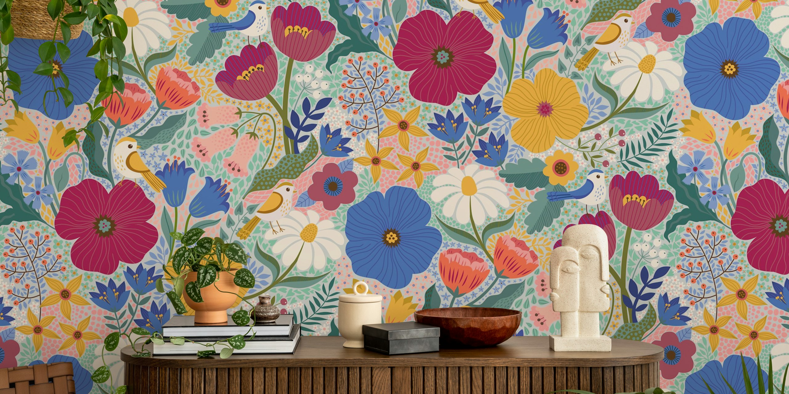 Colorful floral pattern with birds and bold flowers wallpaper