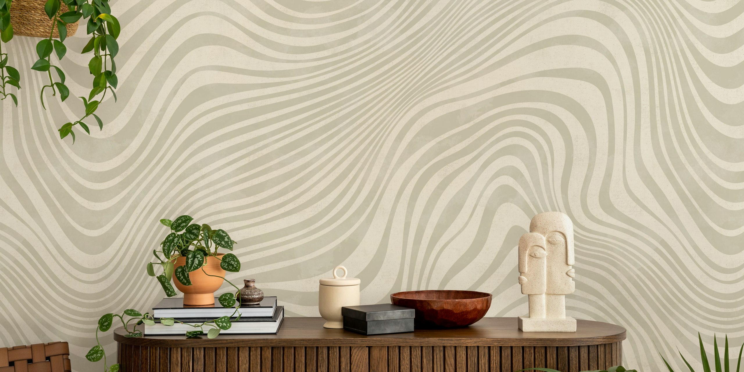 Abstract wavy lines in light gray and beige wallpaper