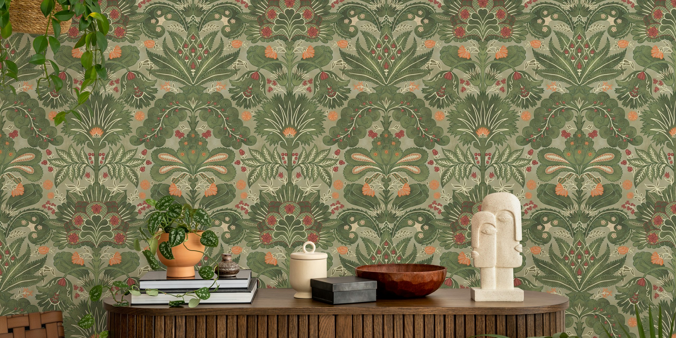 Botanic Damask Olive Sage Green Red Orange wallpaper in a room