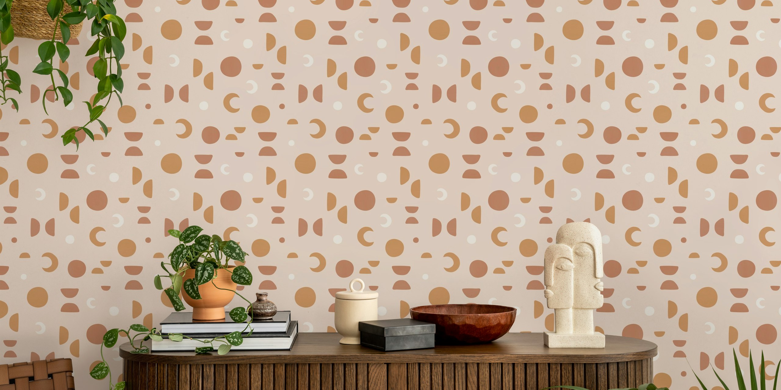 Geometric moon phases in blush, brown, and white colors wallpaper