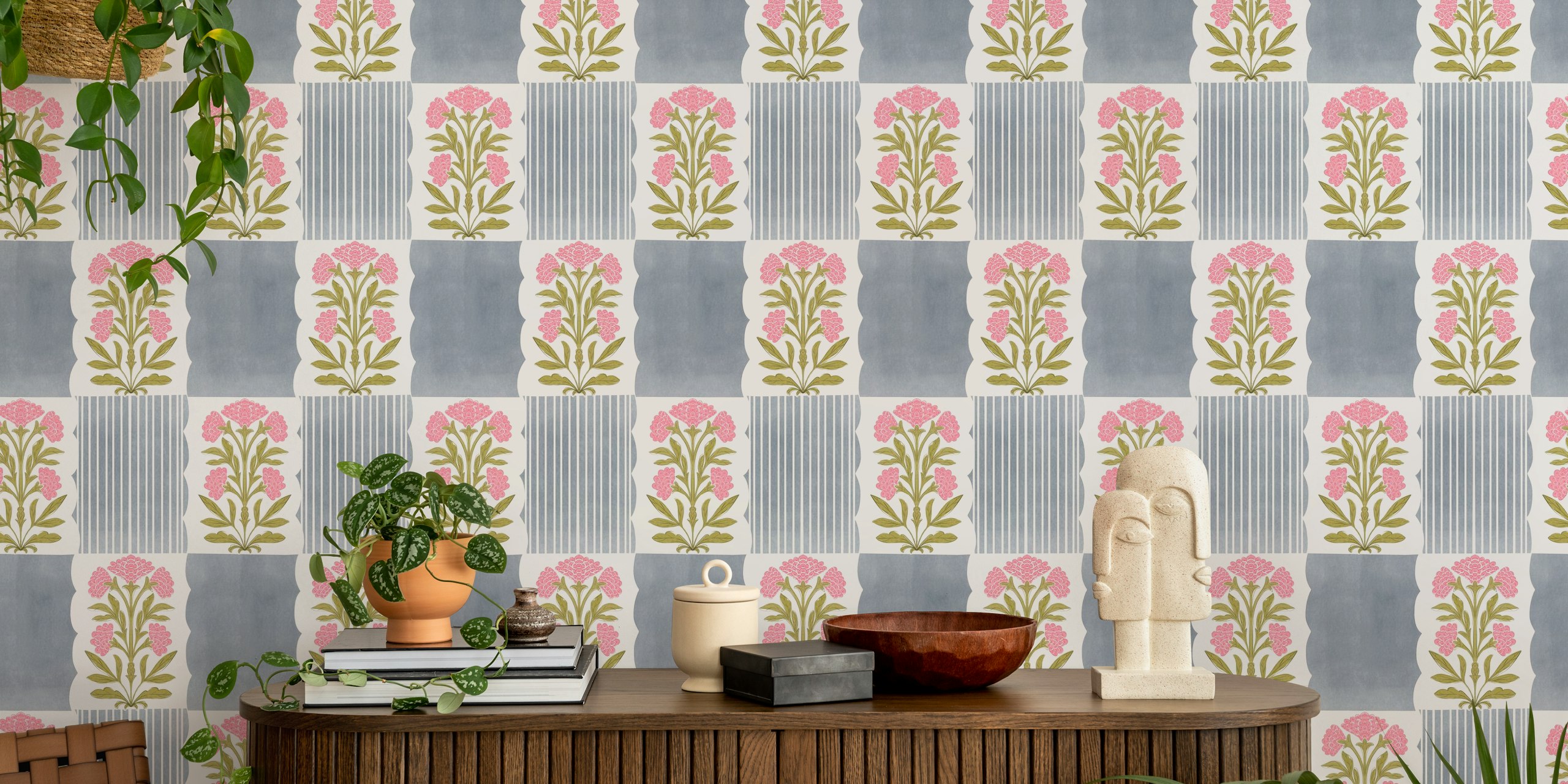Pink floral motifs and striped patterns on gray background wallpaper
