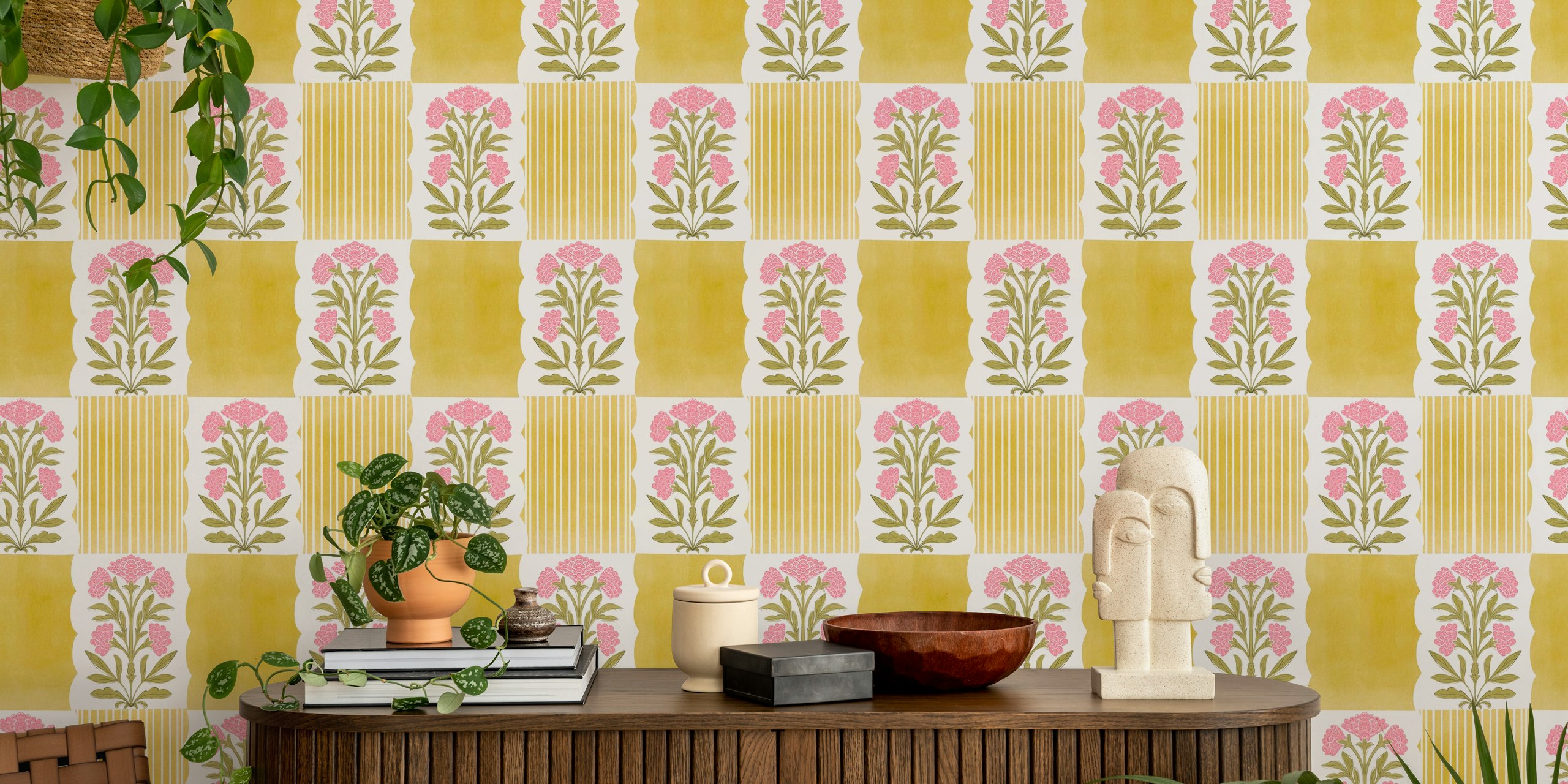 Papel de parede Timeless Golden Floral Harmony em um quarto