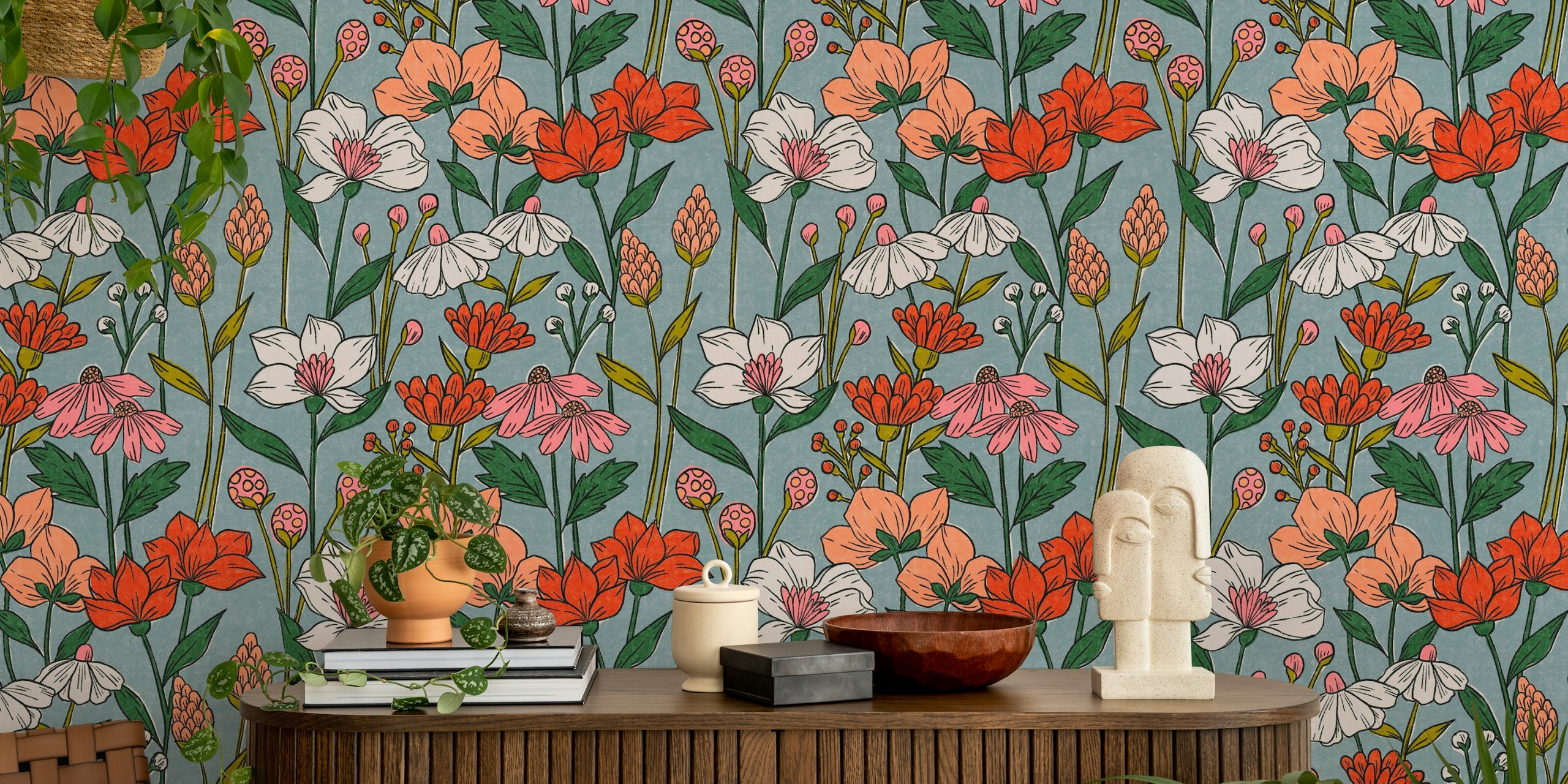 Σχεδιασμός floral ταπετσαρίας Clovis (blue) σε ένα δωμάτιο