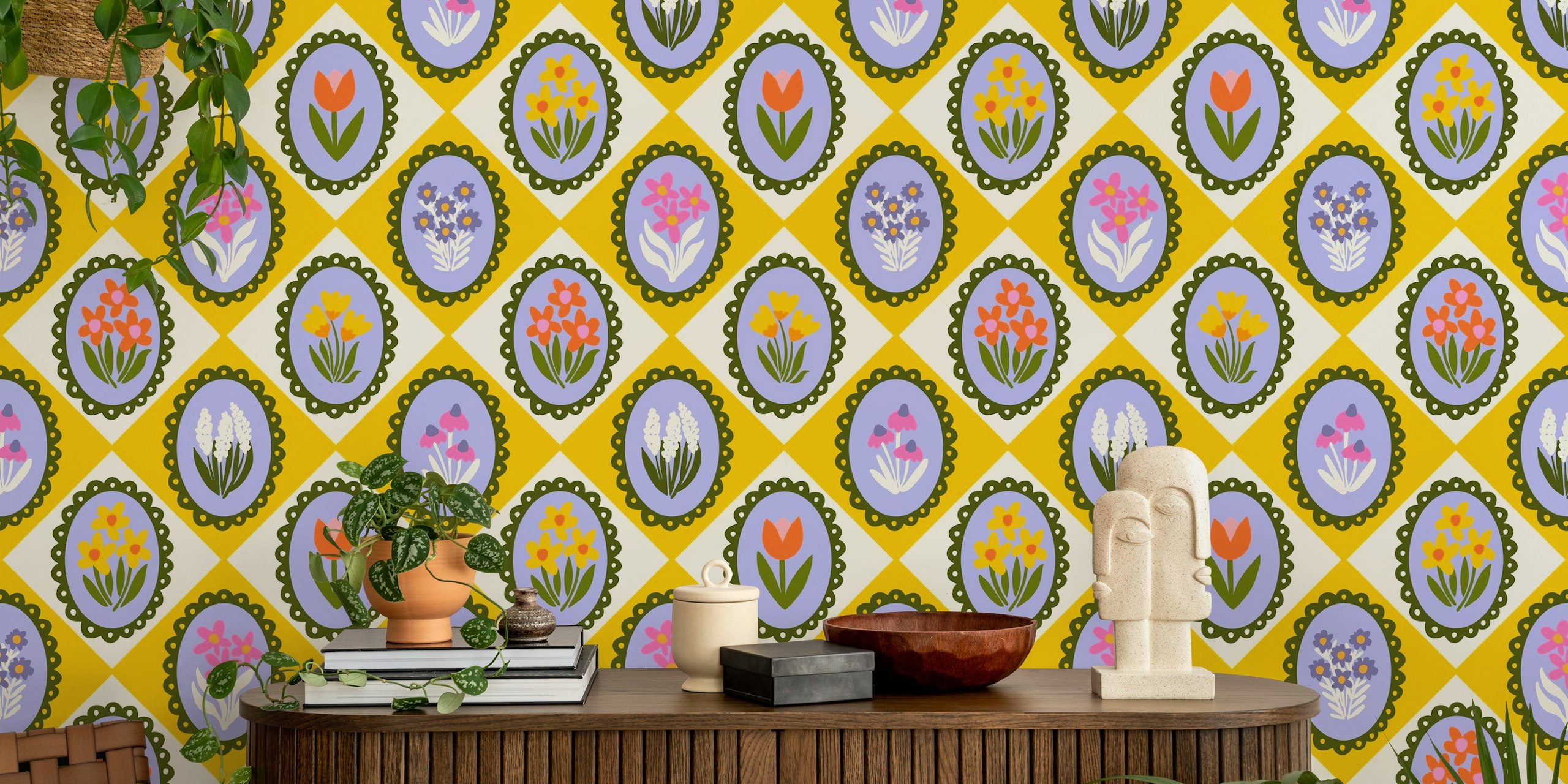 Tapeta Flower Frames on Yellow and White Diamonds v místnosti