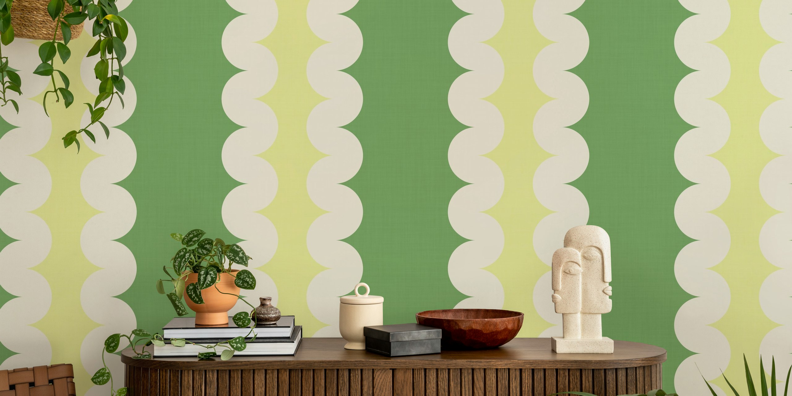 Scalloped stripe pattern in green and yellow wallpaper