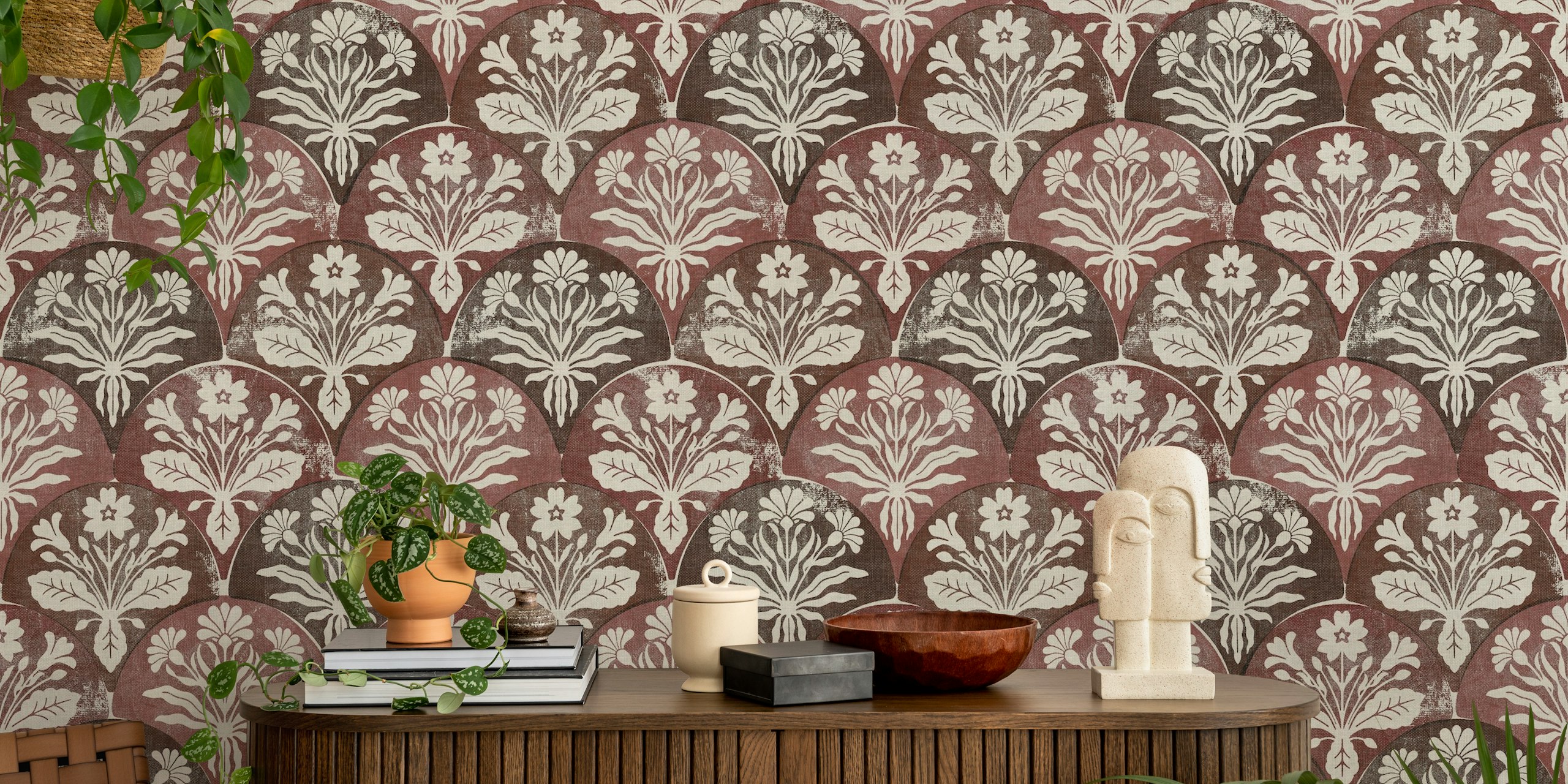 Floral patterns in wine red and cream on art deco wallpaper