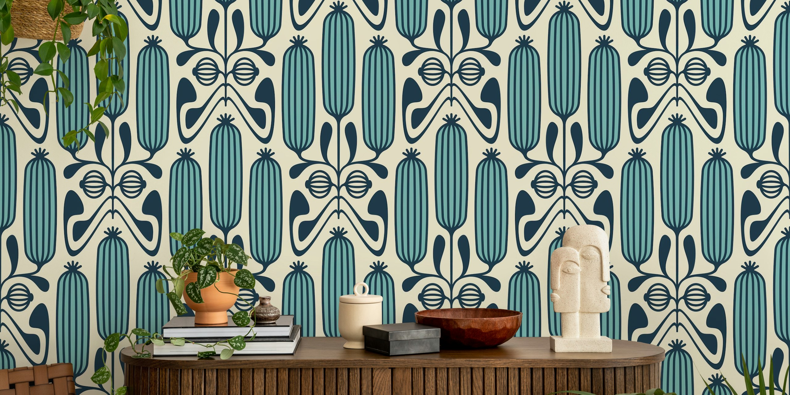 Ornate Floral Cucumbers in Blue wallpaper in a room