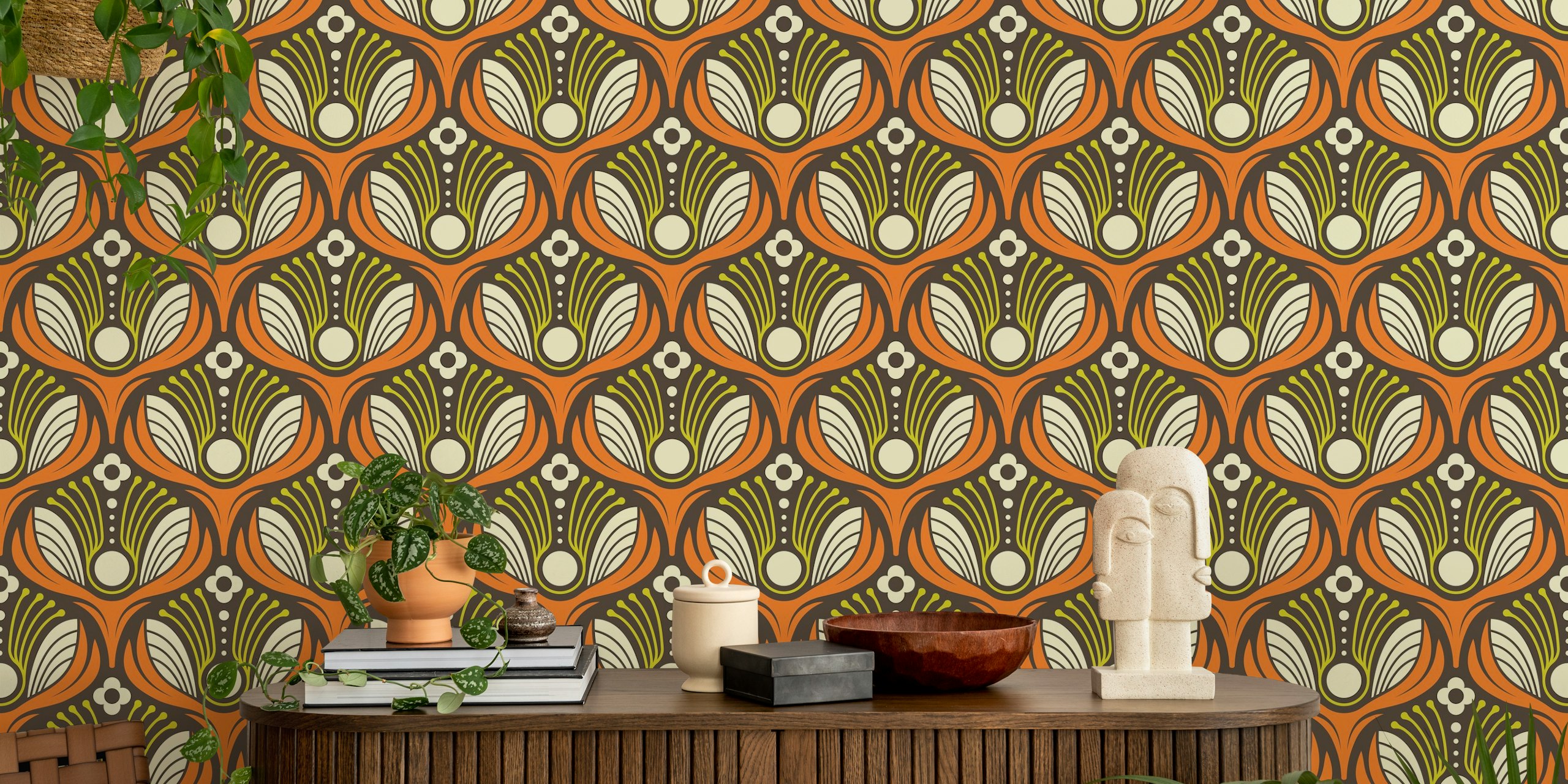 Art Deco Floral in Orange Wallpaper