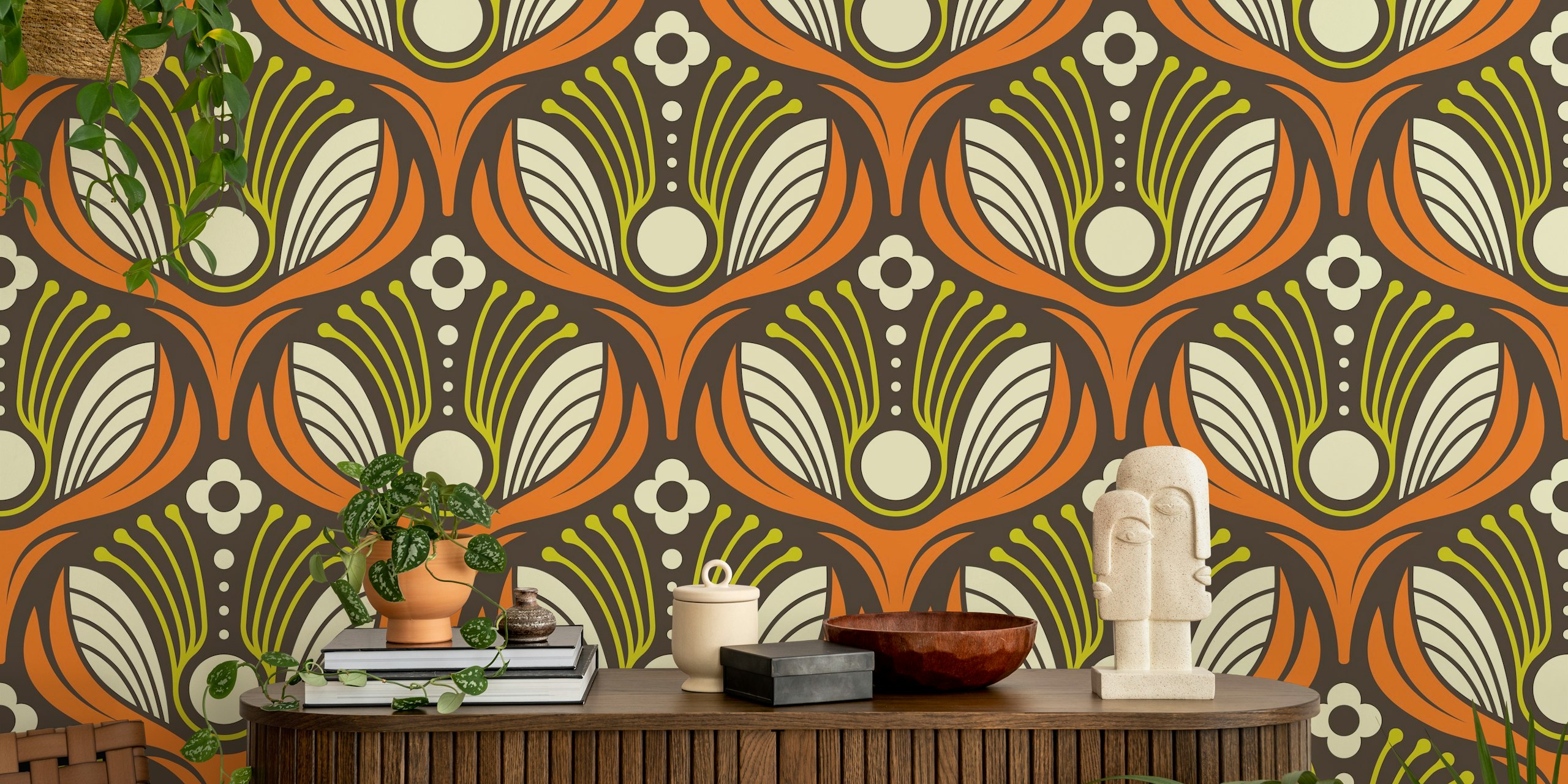 Art Deco floral pattern in orange, brown, and green wallpaper