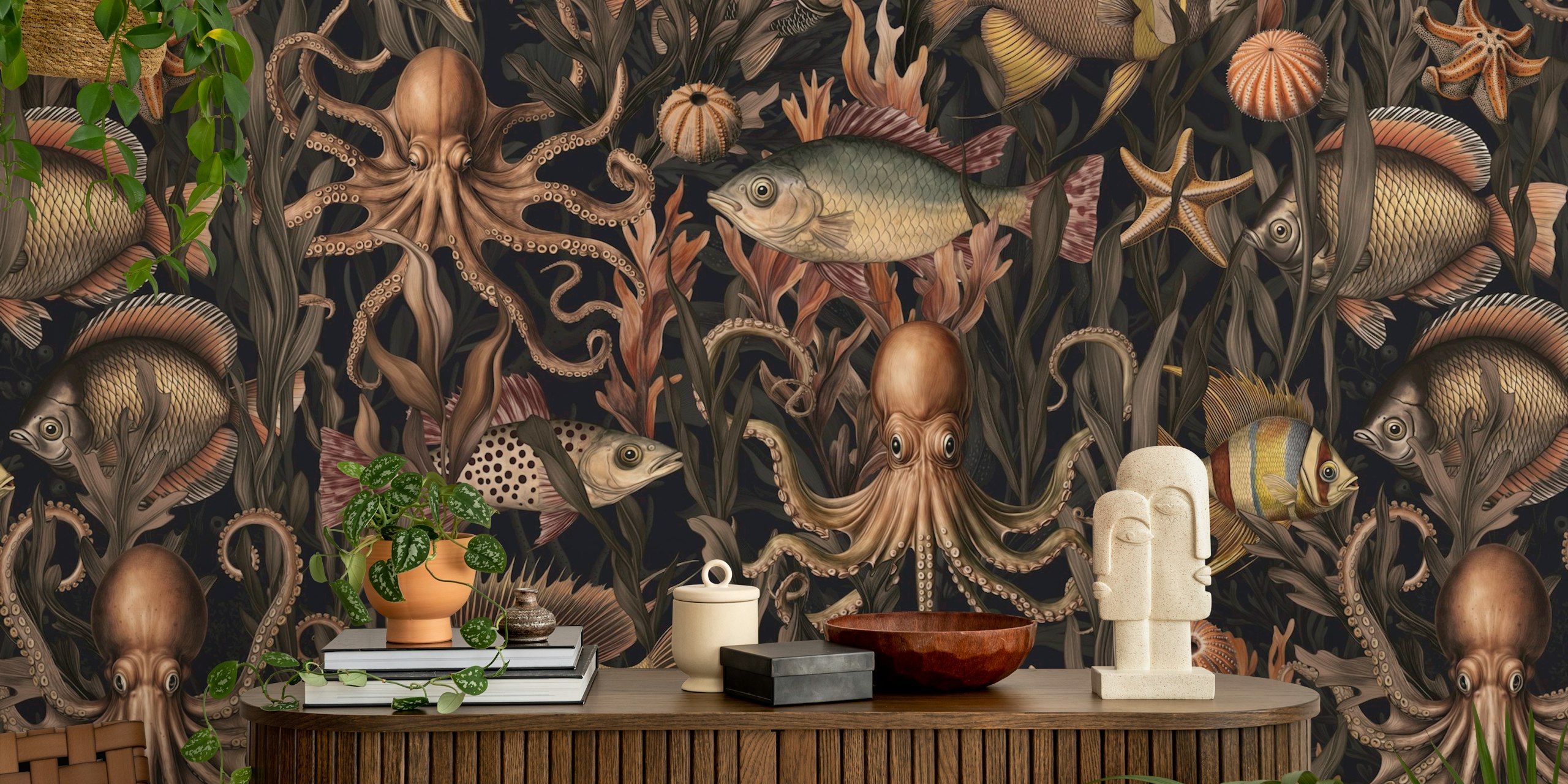 Underwater scene with octopuses and various fish in dark ocean colors wallpaper