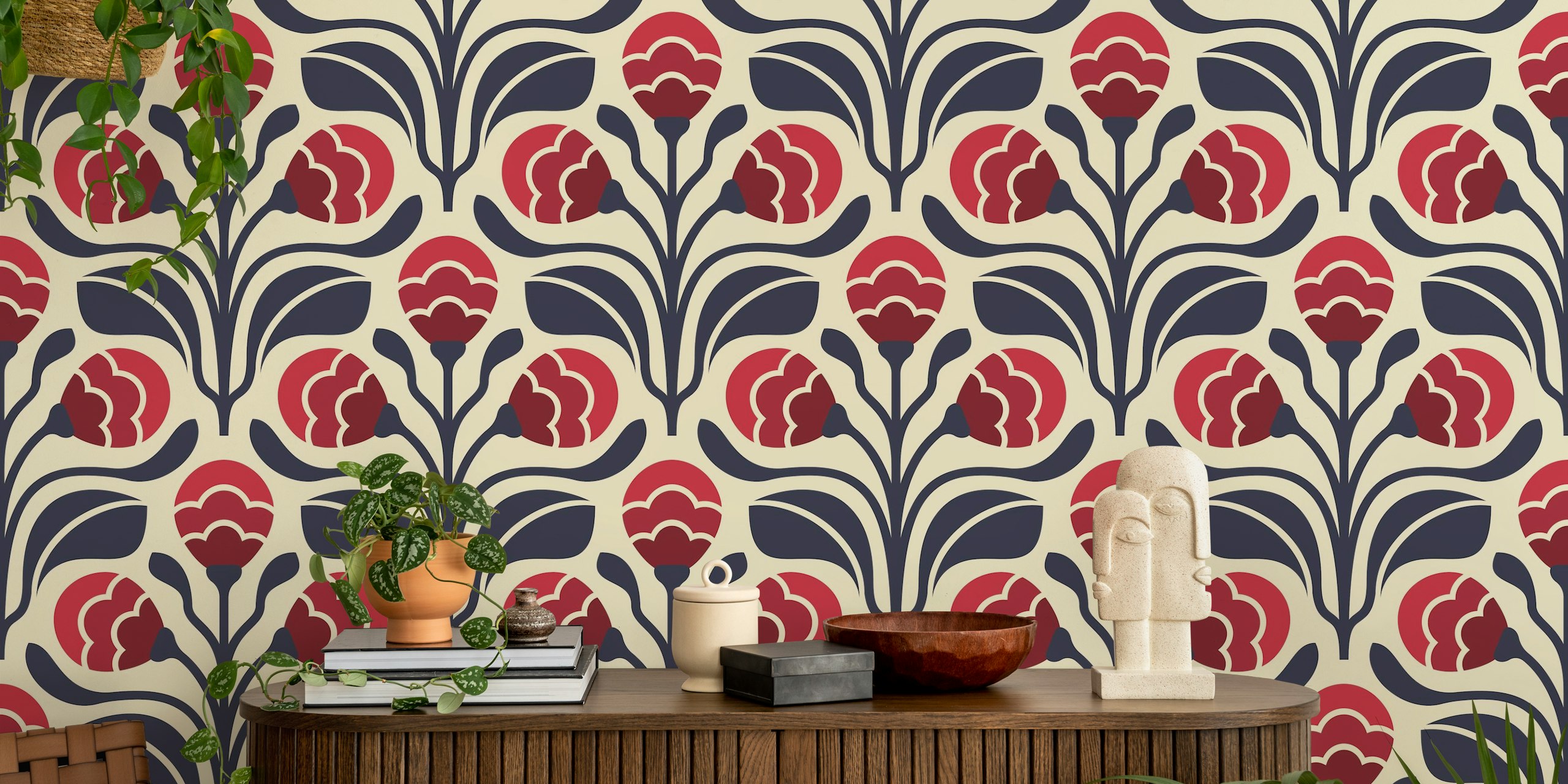 Retro Floral Buds in Red wallpaper in a room