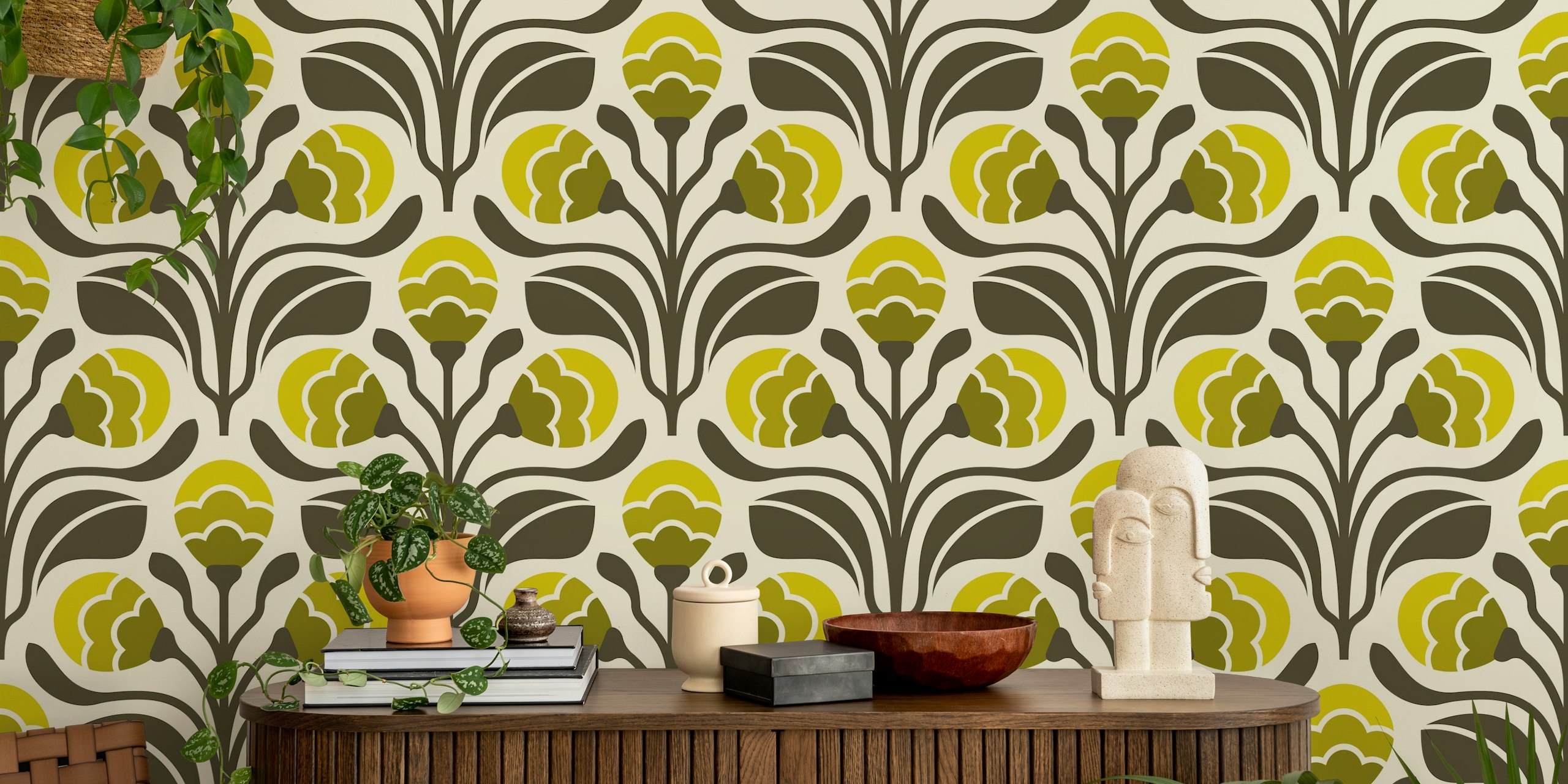 Retro Floral Buds in Green tapetti huoneessa