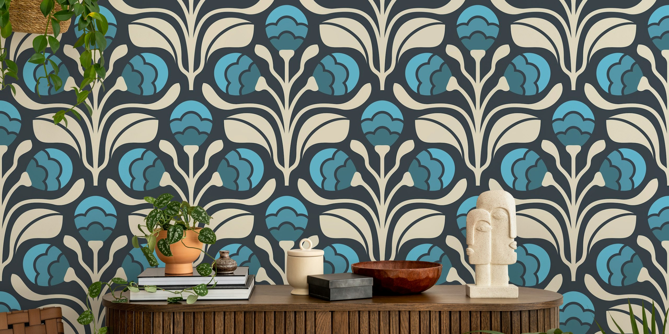 Ταπετσαρία Retro Floral Buds in Blue - L με σκούρο σχέδιο