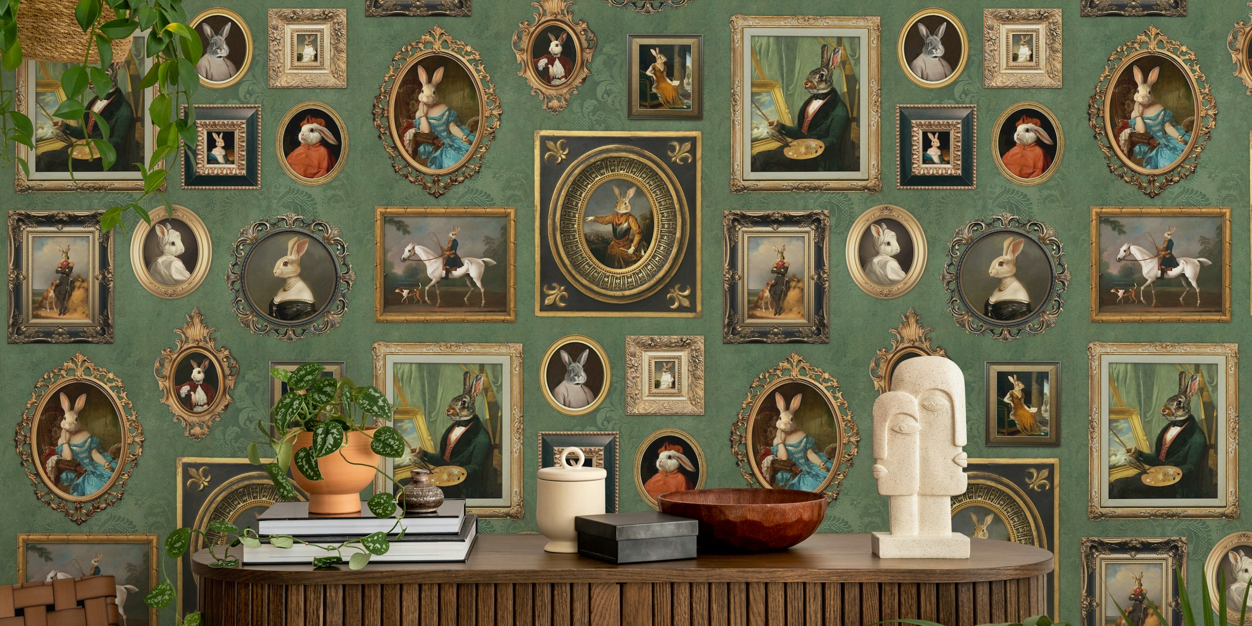 Sage green wallpaper s Noble Bunnies Portrait Collection