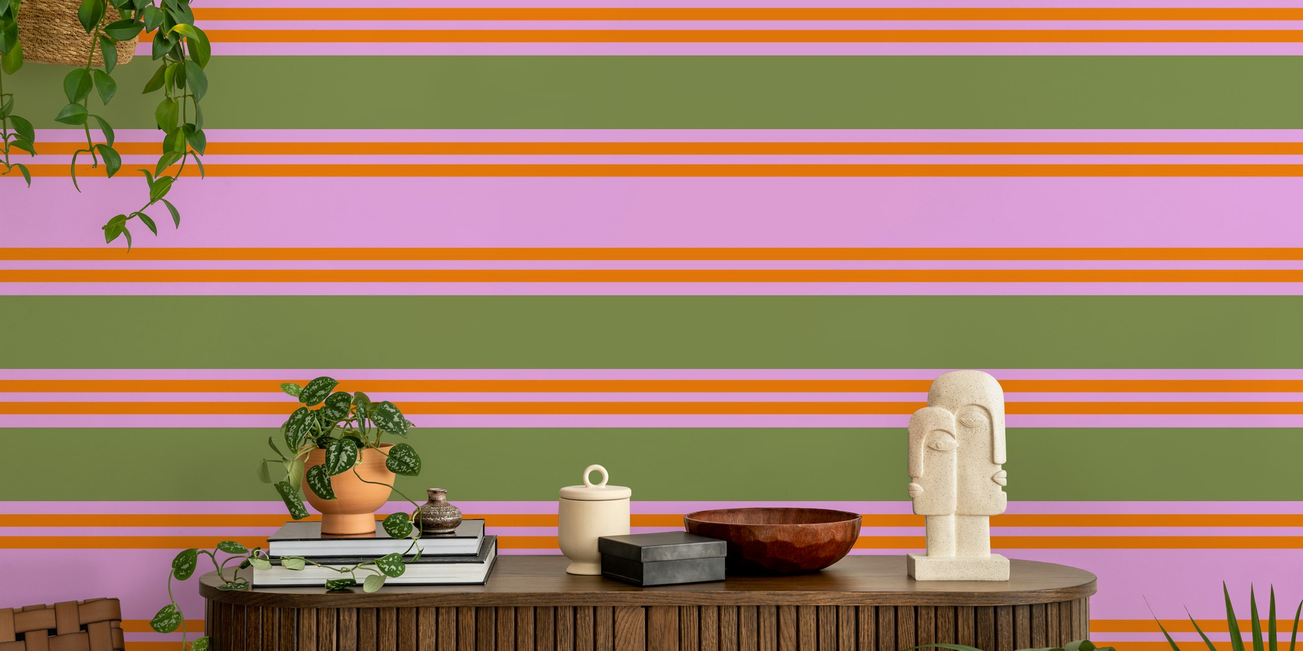 Colorful striped wallpaper featuring pink, orange, and green bands