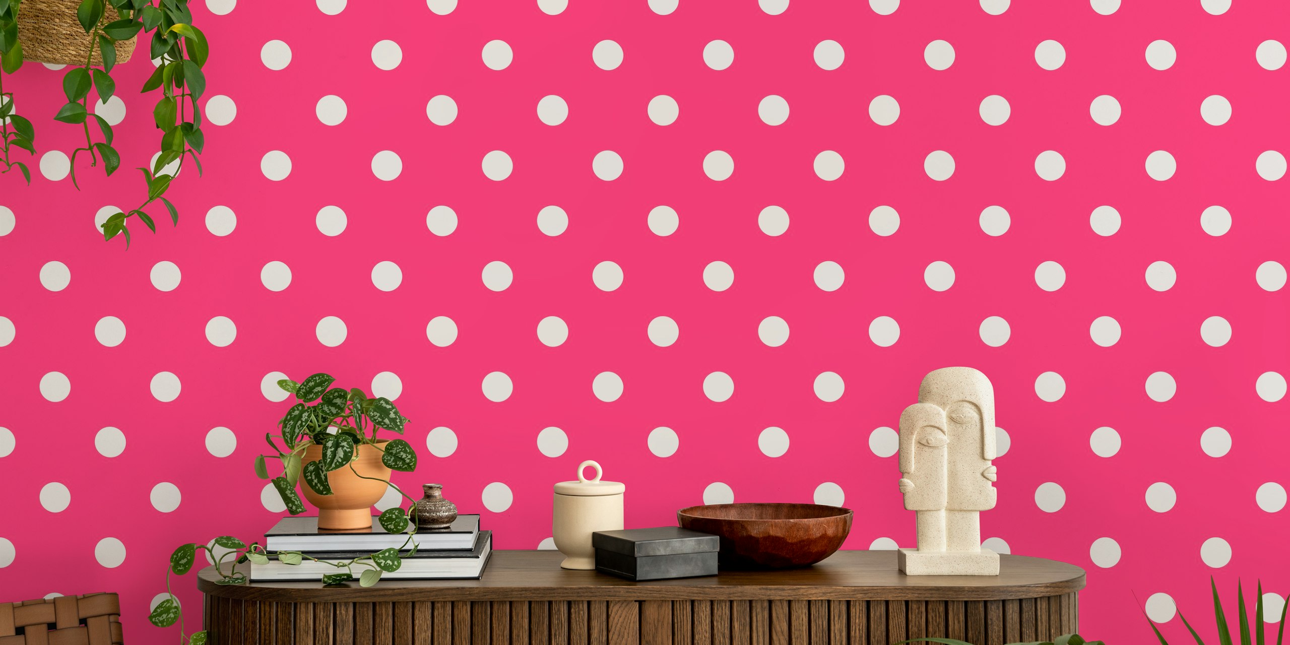 Wallpaper with white dots on hot pink background