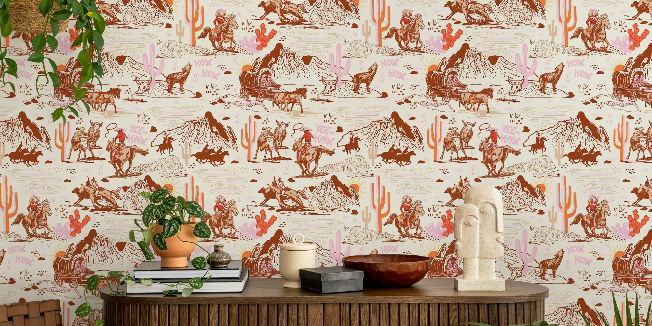 Western cowgirl design with pink accents and cacti wallpaper