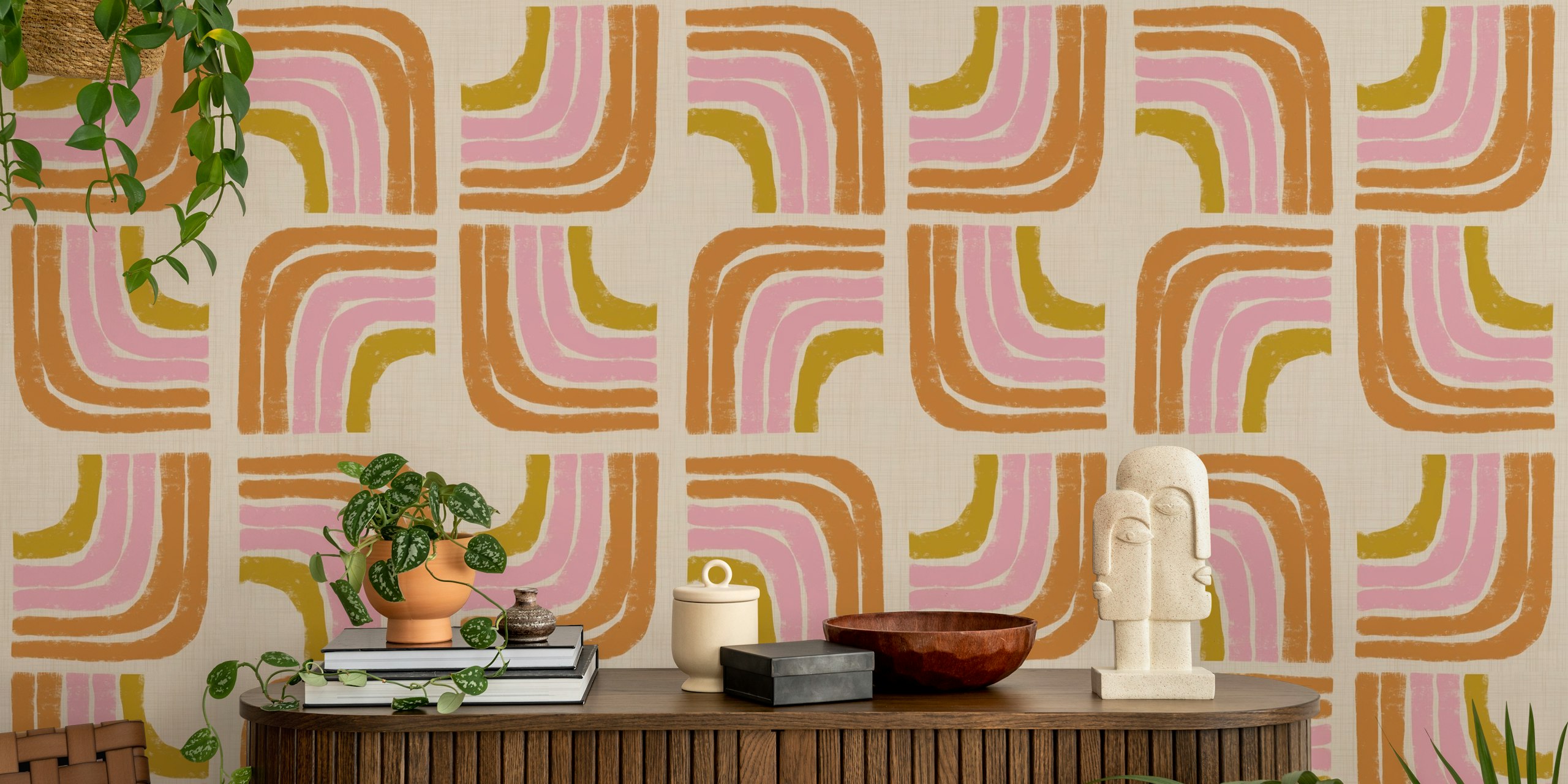 Retro rainbow striped wallpaper with pink, green, and orange colors