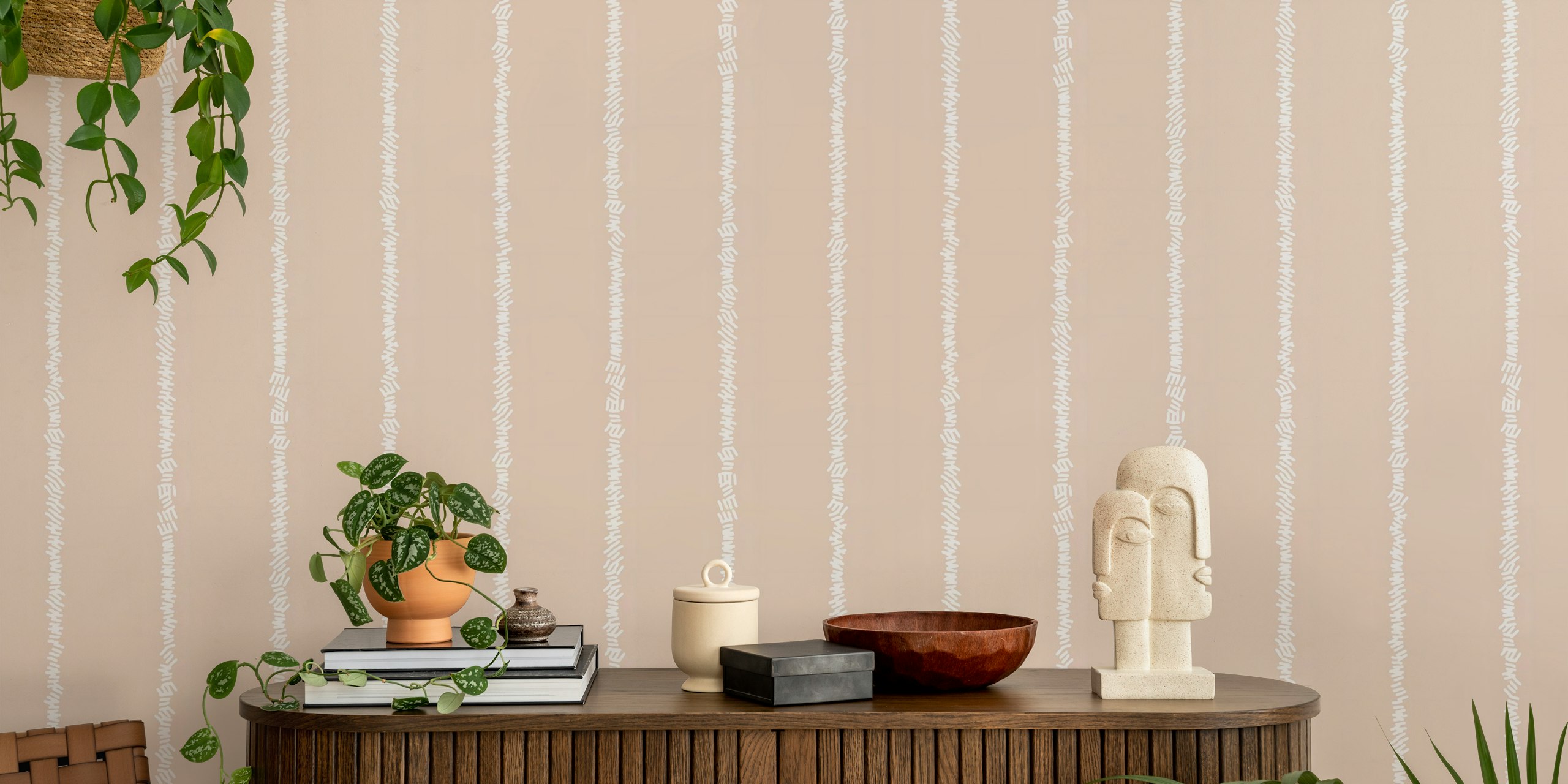 Light pink wallpaper with subtle white vertical stripes