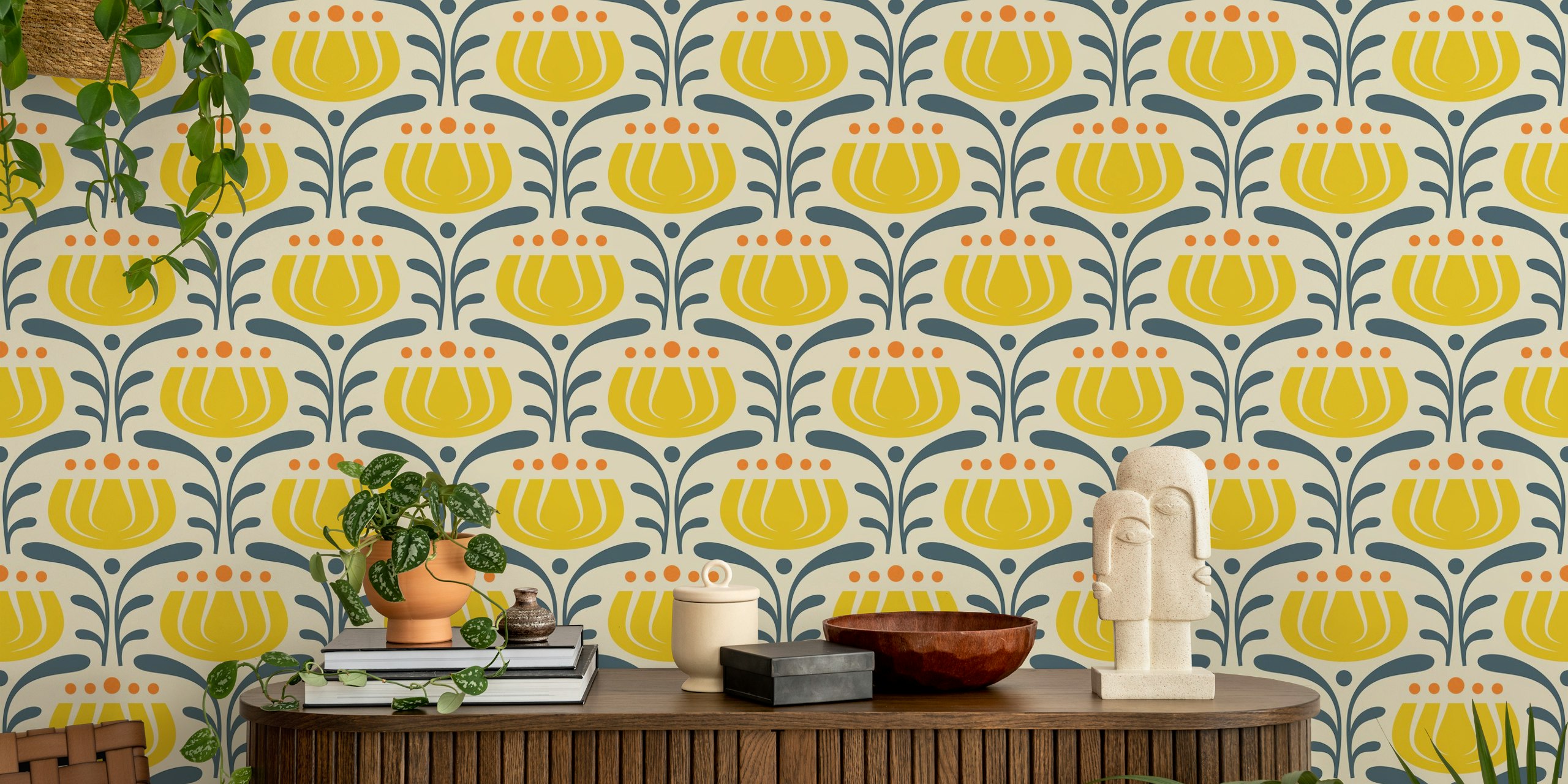 Yellow tulips with blue leaves pattern wallpaper