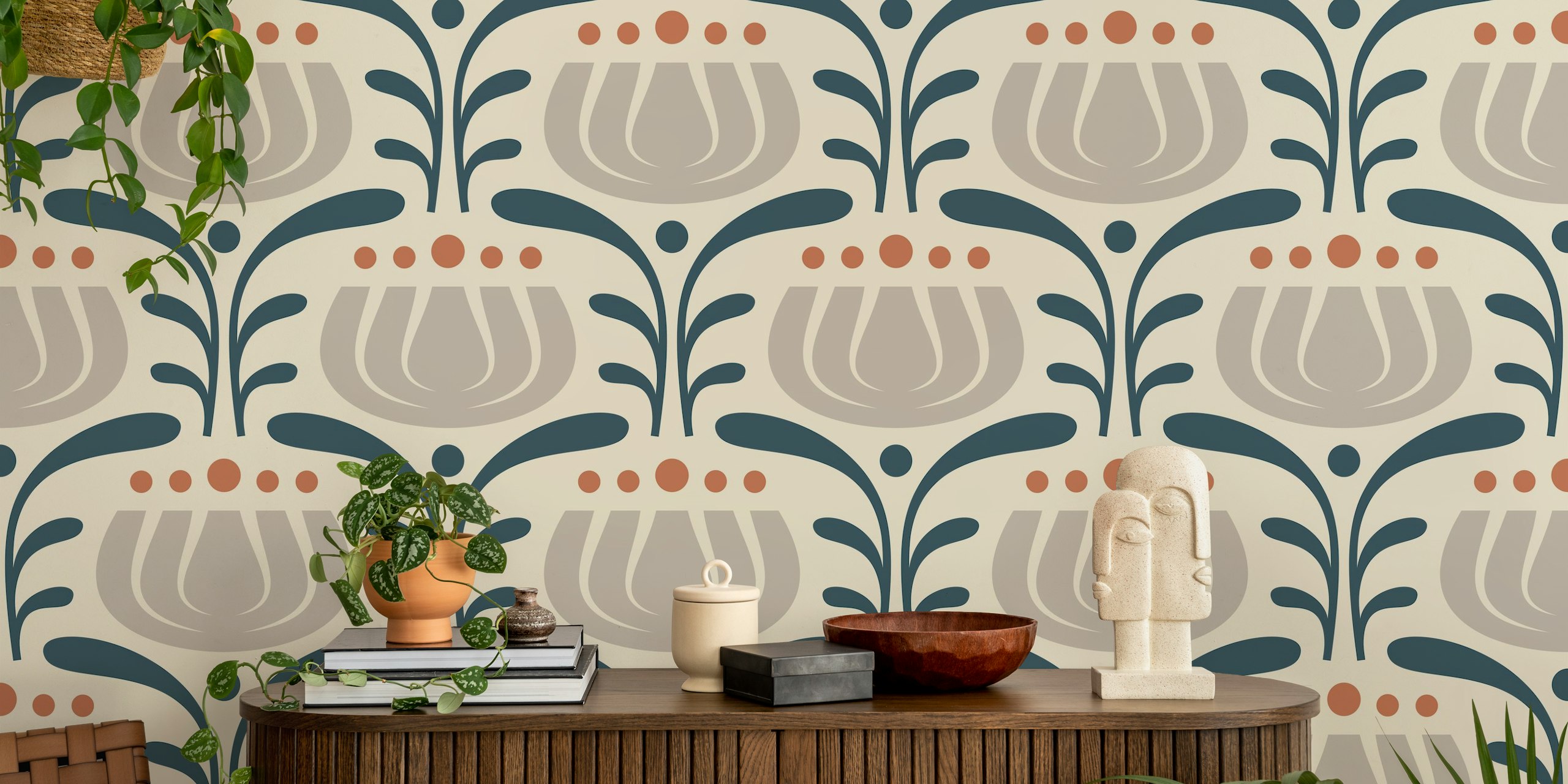 Stylish vintage tulip wallpaper in a room