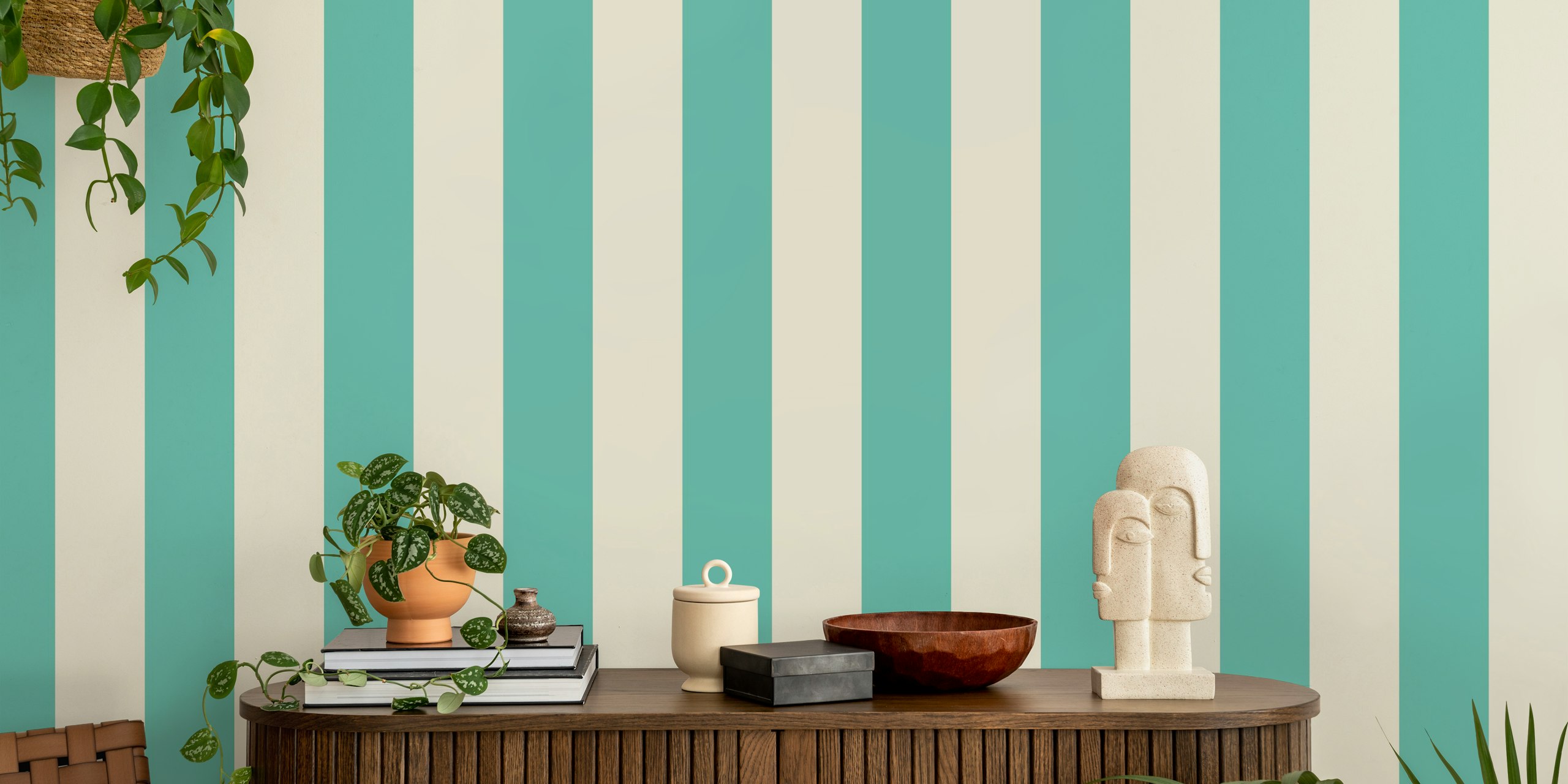 Cream og teal awning stripe tapet i et rom