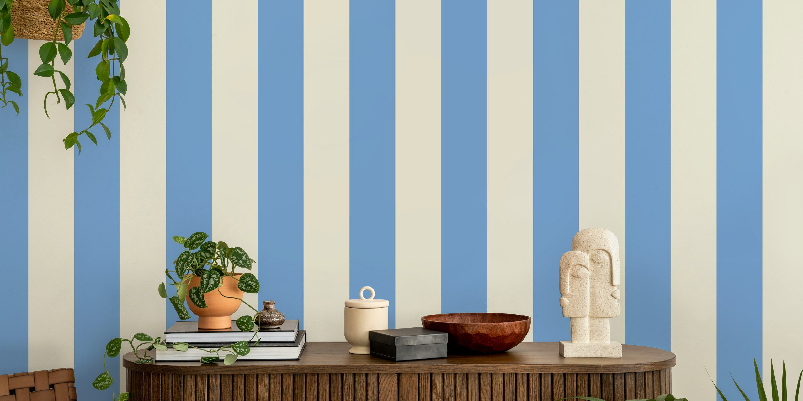 Blue and cream awning stripe wallpaper in a room