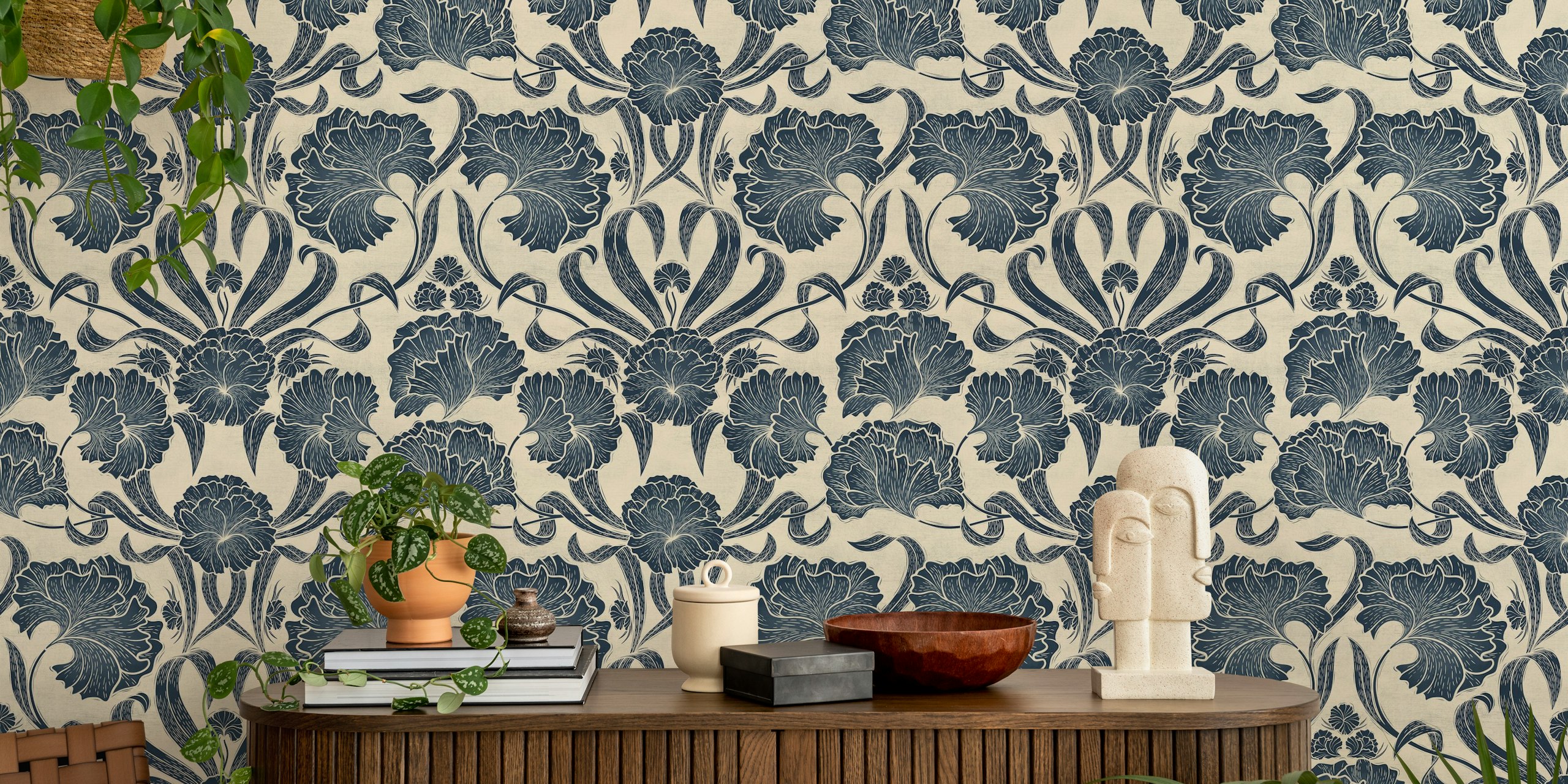 Block Print Antique Botanical-Monochrome blue tapeta