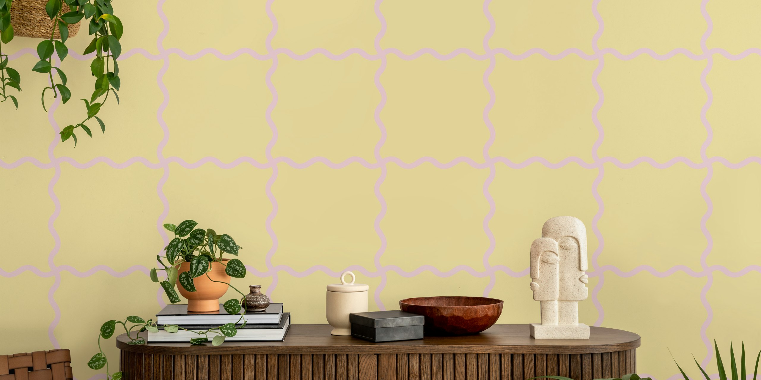 Wavy checker pattern in yellow and light lavender wallpaper