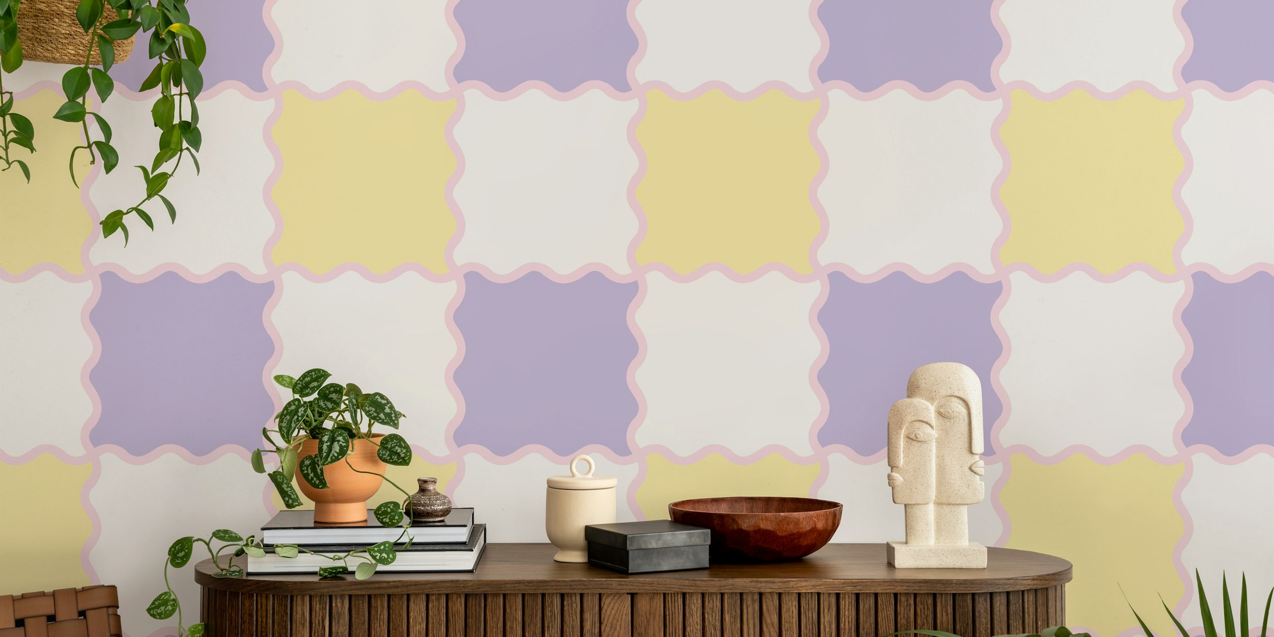 Papel de parede Wavy Checker Butter & Lilac em um quarto