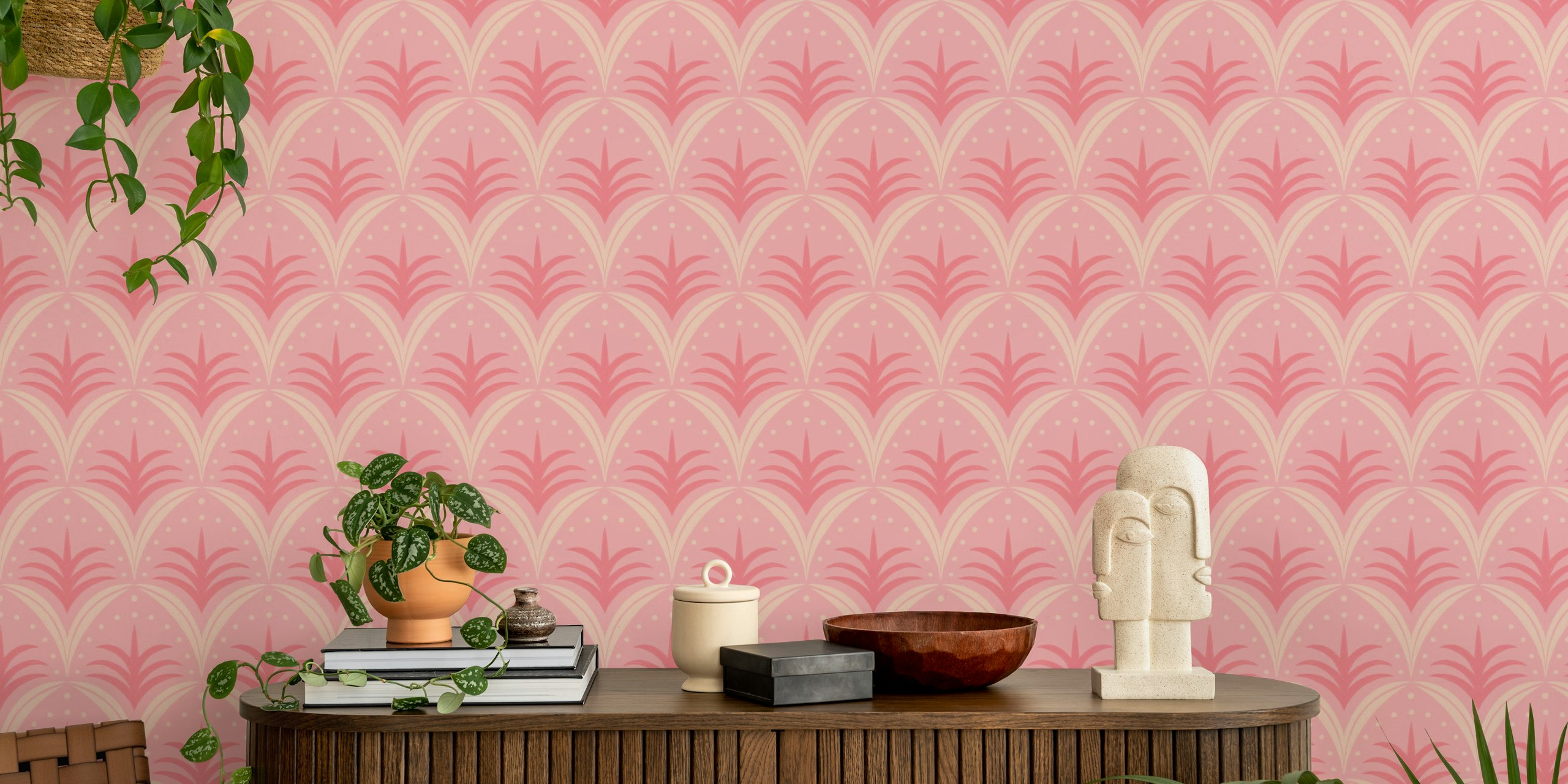 Blush Pink Art Deco Tropical Floral wallpaper in room