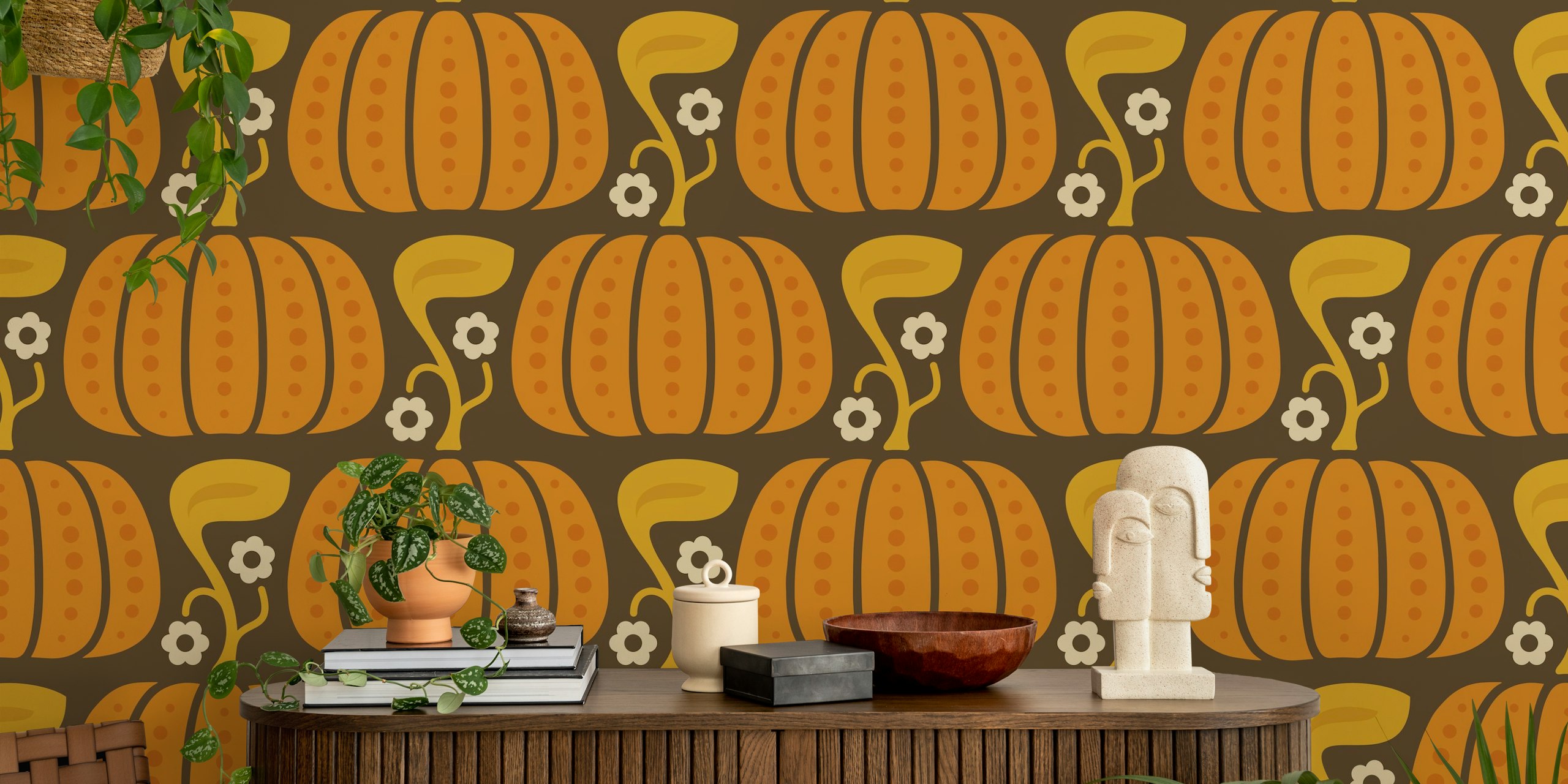 Orange and brown pumpkin wallpaper with flower motifs