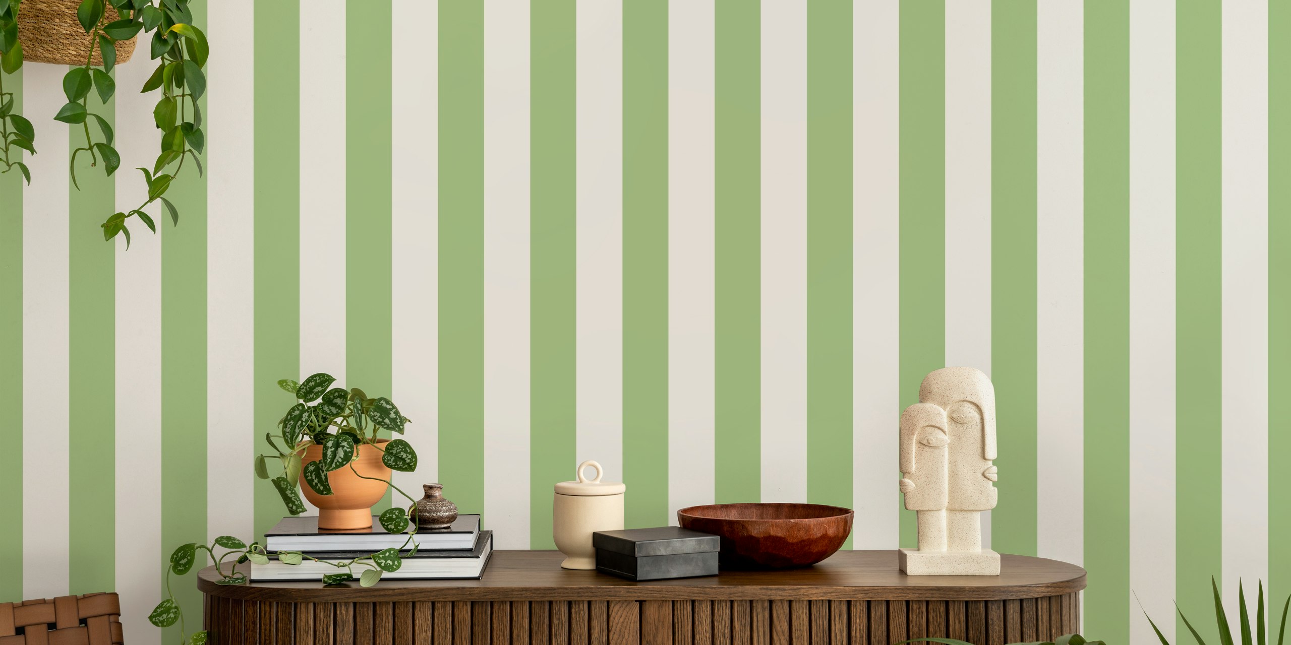 Vertical stripes in sage green and cream wallpaper