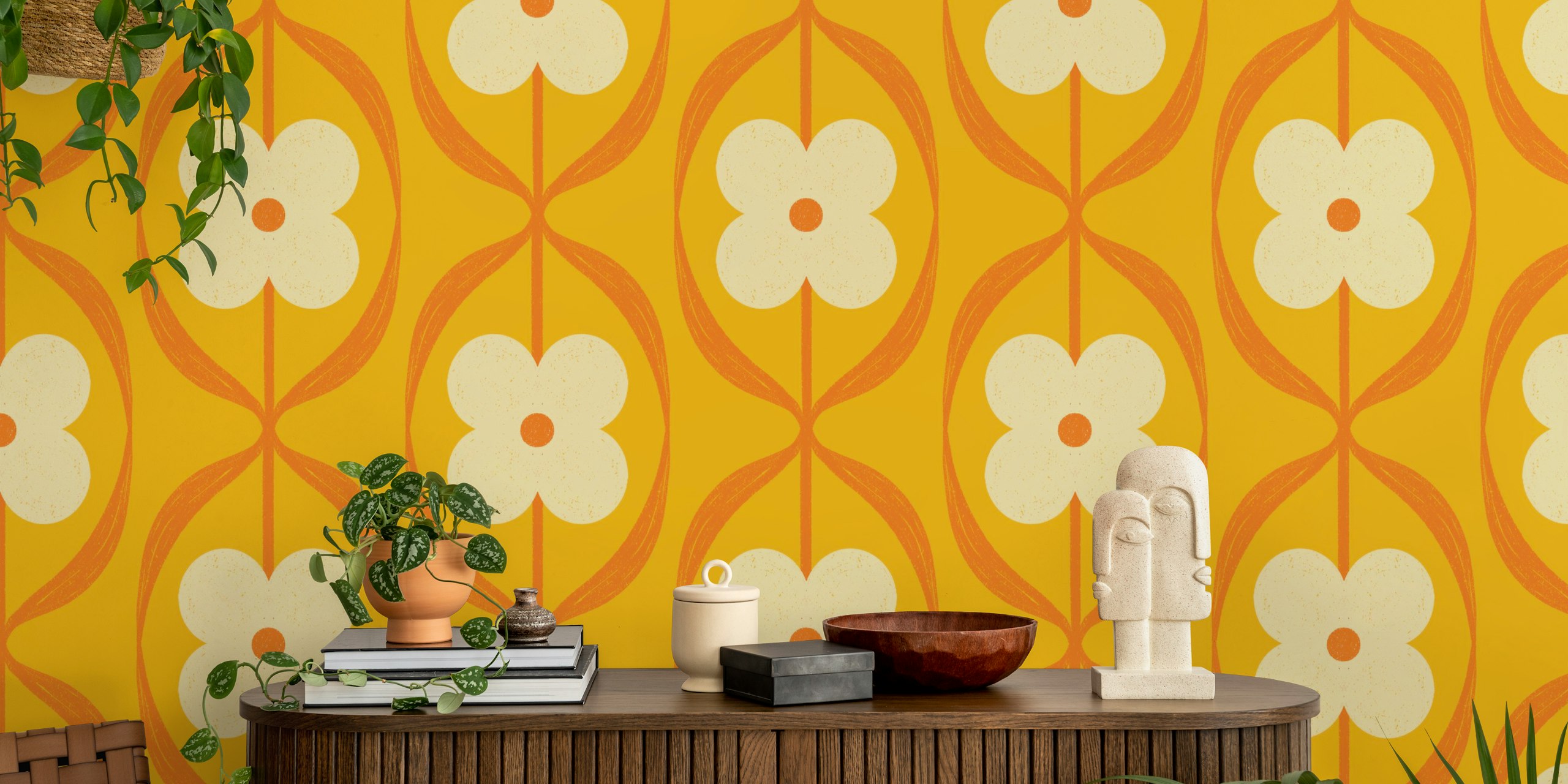 Tapeta Bright Orange Flowers Retro Floral