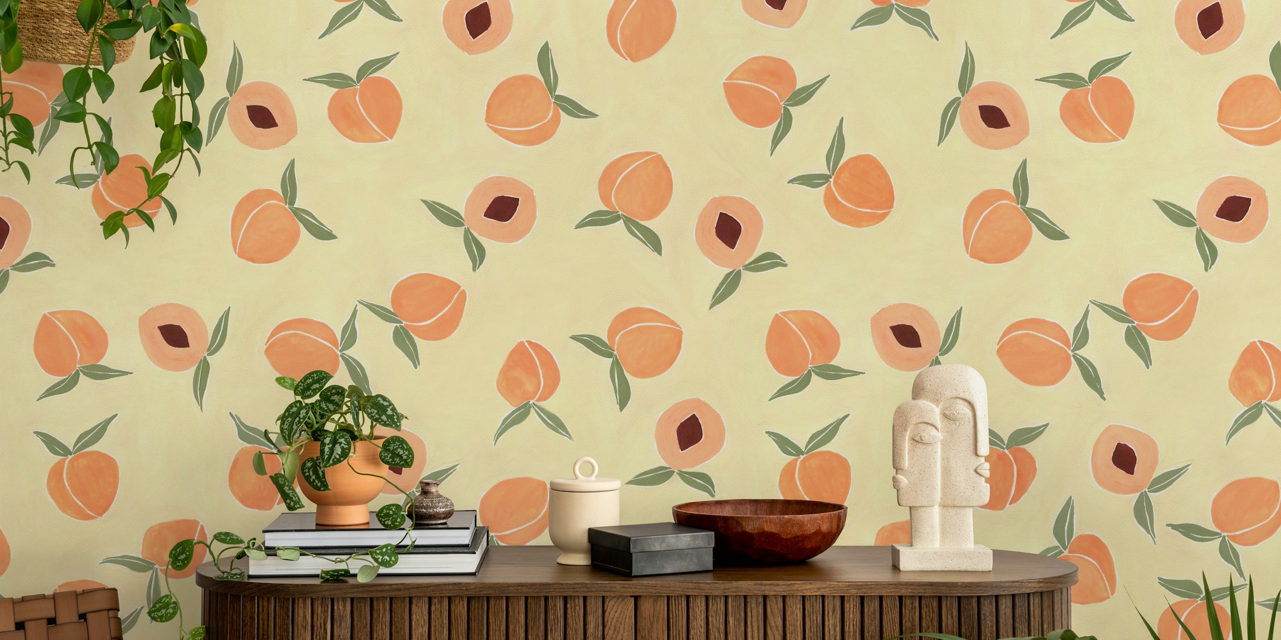 Hand-painted peaches on yellow background wallpaper